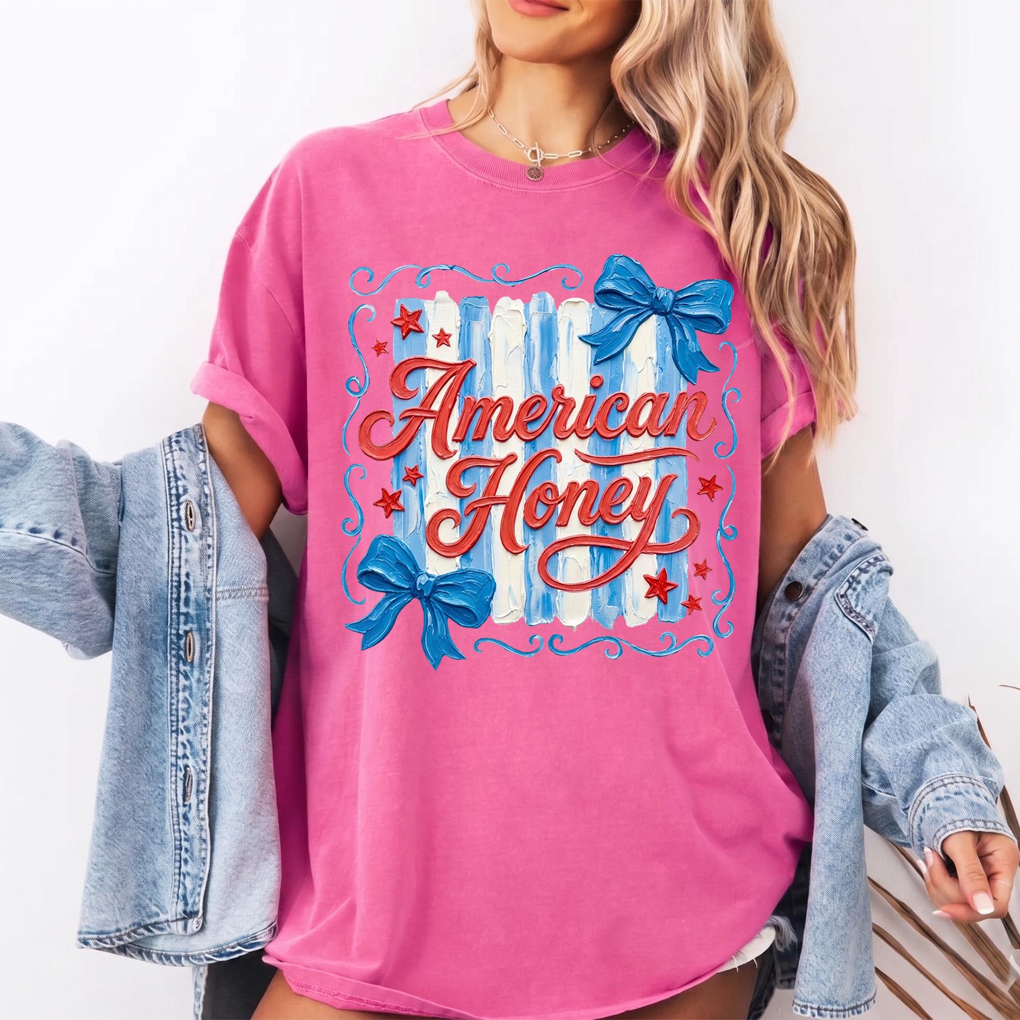 Womens American Honey Bow Stripes Patriotic 4th of July T-Shirt Coquette Western Retro Preppy Style Dusty Blue Washed Cotton USA 250th Anniversary Independence Day America 250 Stars and Stripes Summer Holiday Tee 3