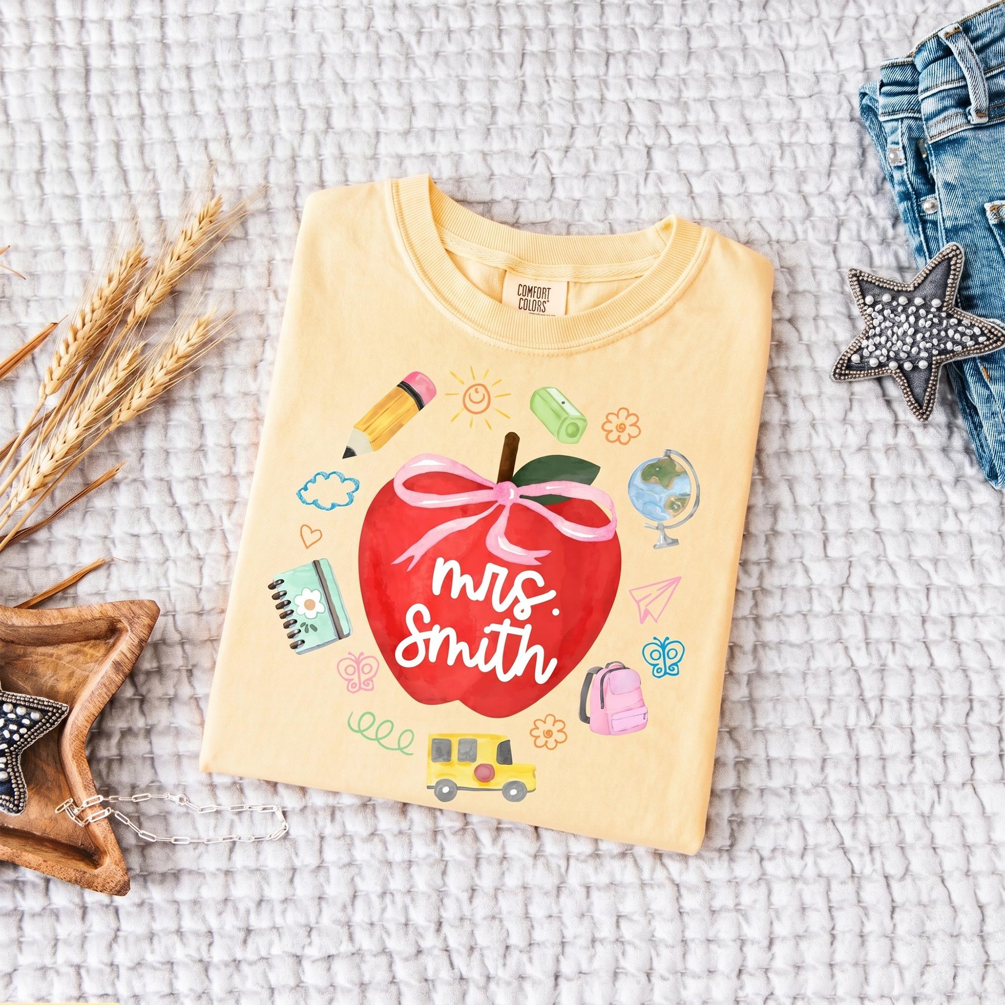 Personalized Teacher Shirt Preppy Apple Bow Coquette Whimsical Back to School T-Shirt, Custom Elementary Appreciation Gift, Last Day Of School Teacher Matching Team Shirt 4