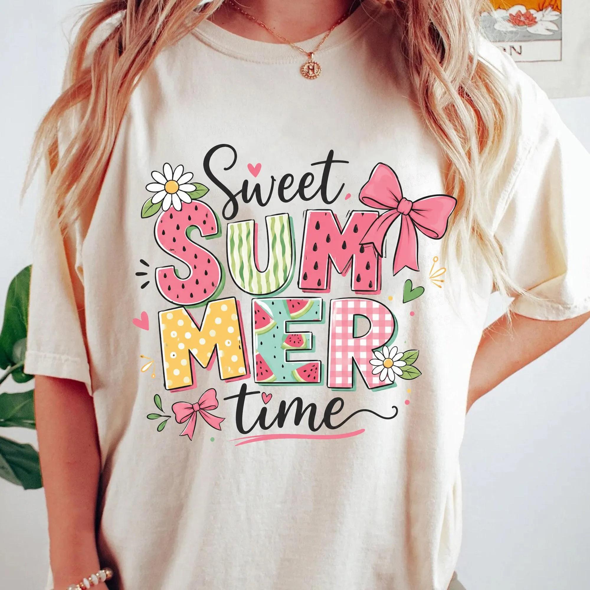 Sweet Summer Time Watermelon Shirt Oversized Graphic T-Shirt For Women Teen Girls Coquette Preppy Retro Cute Girly Aesthetic Blend Watermelon Summer Tee Cute Beach Vacation T Shirt Girly Graphic Tee Pink Bow Daisy Top 2