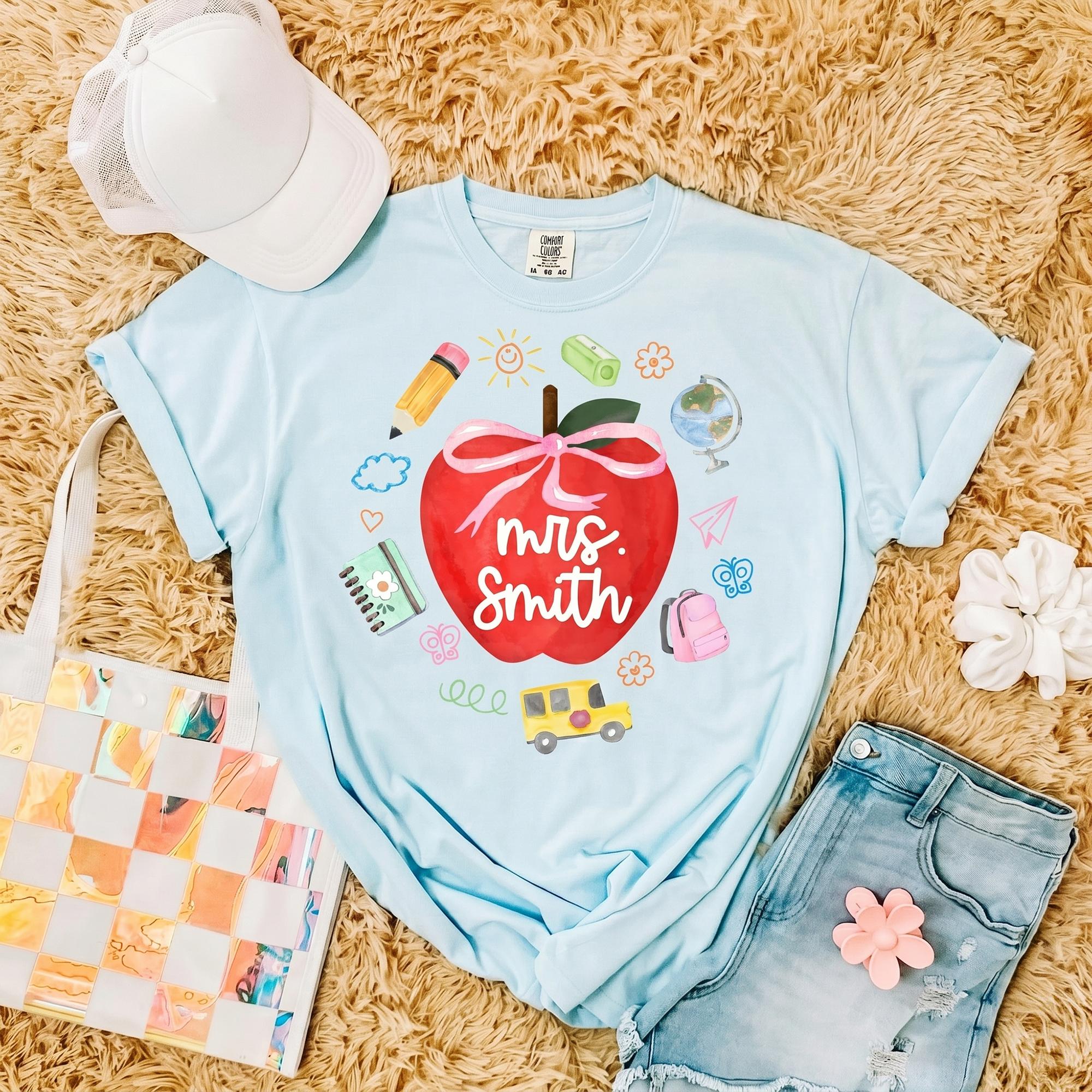 Personalized Teacher Shirt Preppy Apple Bow Coquette Whimsical Back to School T-Shirt, Custom Elementary Appreciation Gift, Last Day Of School Teacher Matching Team Shirt 3
