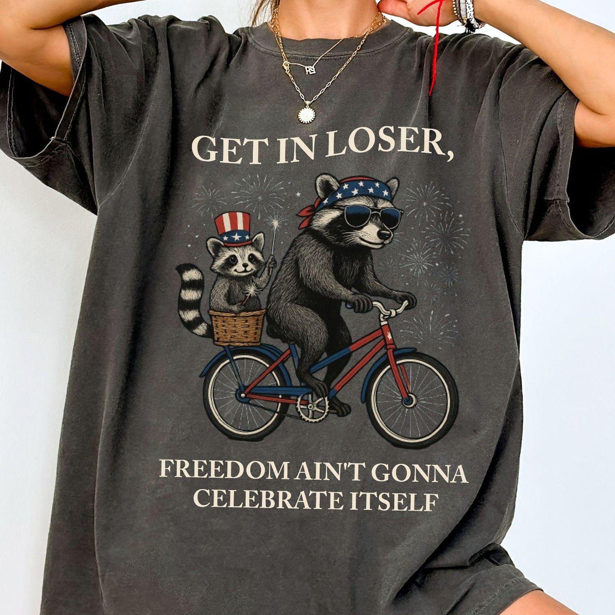Get In Loser Funny Raccoon Graphic Tee For Women Retro Vintage Feral Patriotic Graphic Shirt Crimson Cotton 4th Of July 250th Independence Day Anniversary Trash Panda Meme Festival Outfit Summer Top Casual Holiday Apparel 2