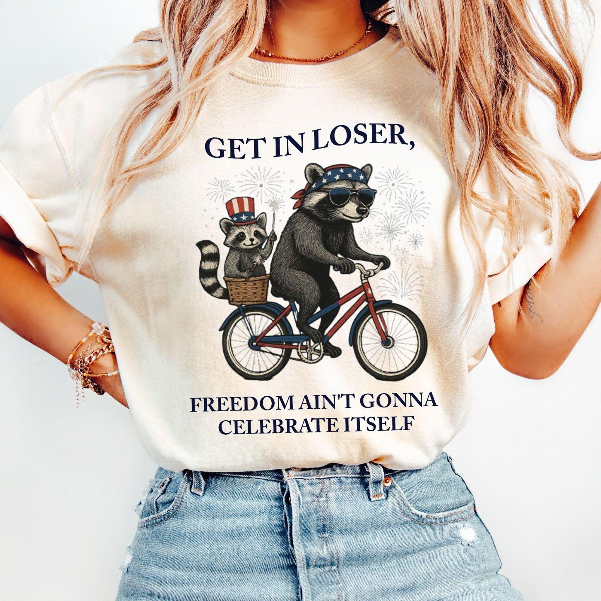 Get In Loser Funny Raccoon Graphic Tee For Women Retro Vintage Feral Patriotic Graphic Shirt Crimson Cotton 4th Of July 250th Independence Day Anniversary Trash Panda Meme Festival Outfit Summer Top Casual Holiday Apparel 4