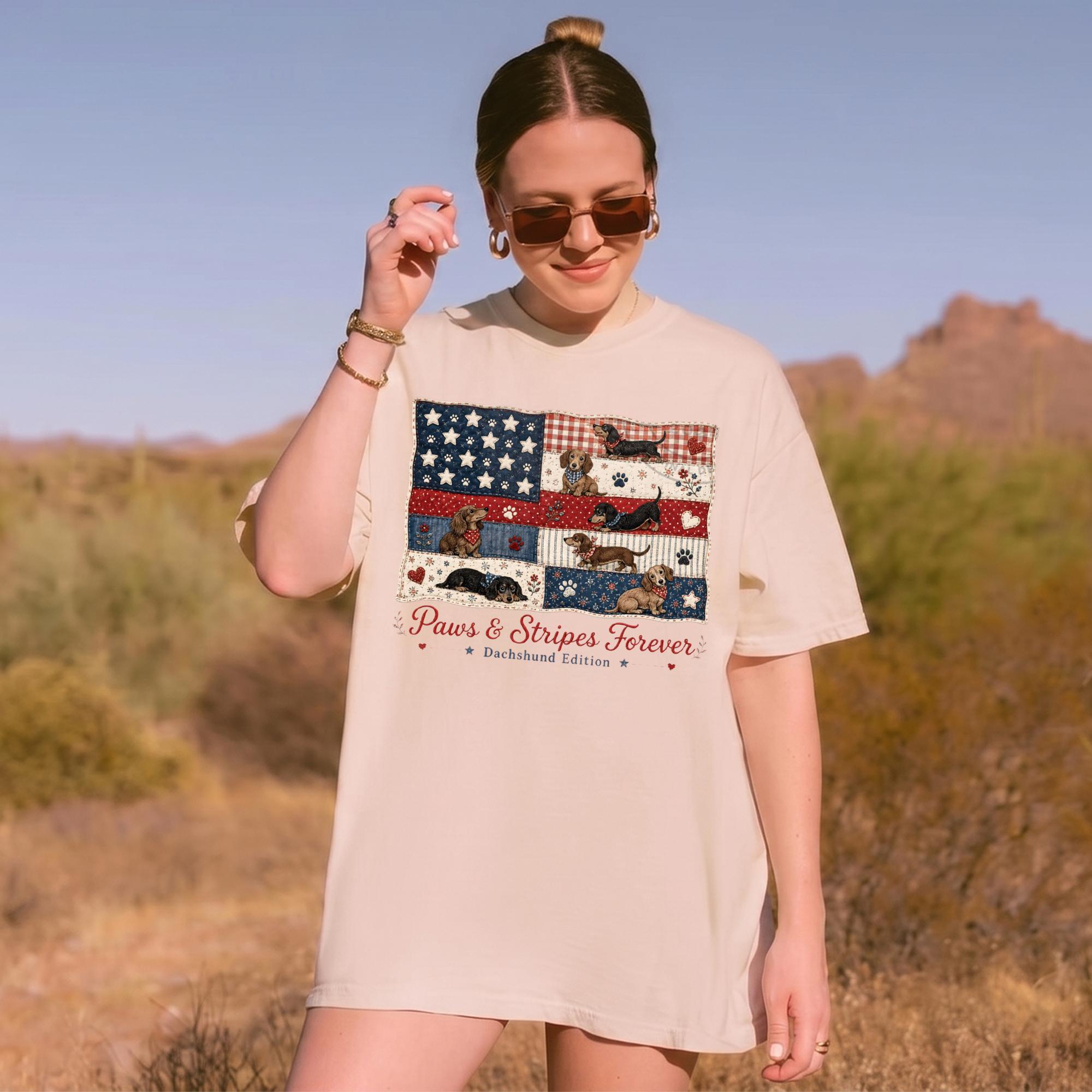 Paws And Stripes Forever Dachshund Edition Graphic T-Shirt For Women And Dog Moms Patriotic Americana Preppy Aesthetic Cream Cotton Tee 4th Of July USA American Flag Wiener Dog Independence Day Summer Humor Gift Shirt 2