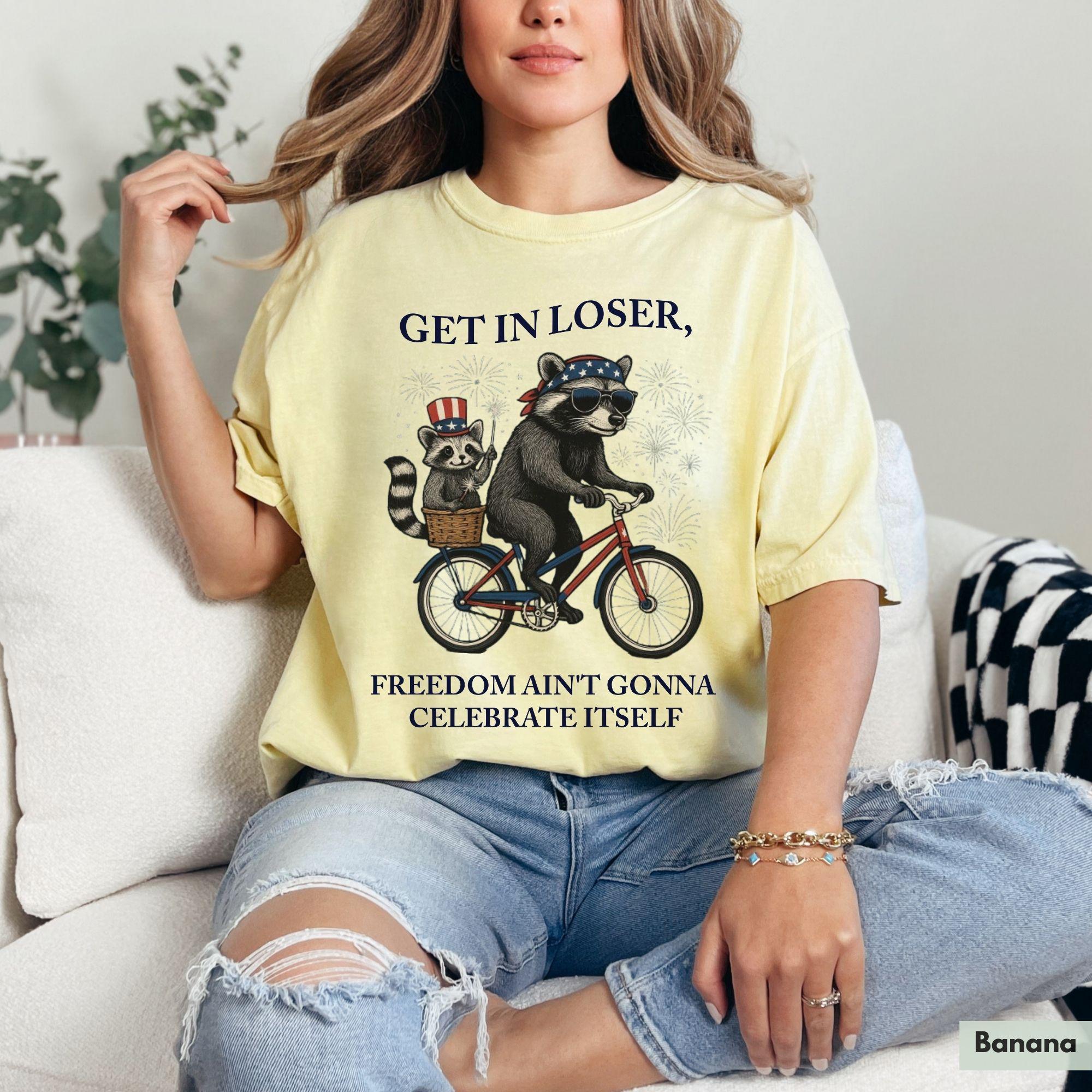 Get In Loser Funny Raccoon Graphic Tee For Women Retro Vintage Feral Patriotic Graphic Shirt Crimson Cotton 4th Of July 250th Independence Day Anniversary Trash Panda Meme Festival Outfit Summer Top Casual Holiday Apparel 3