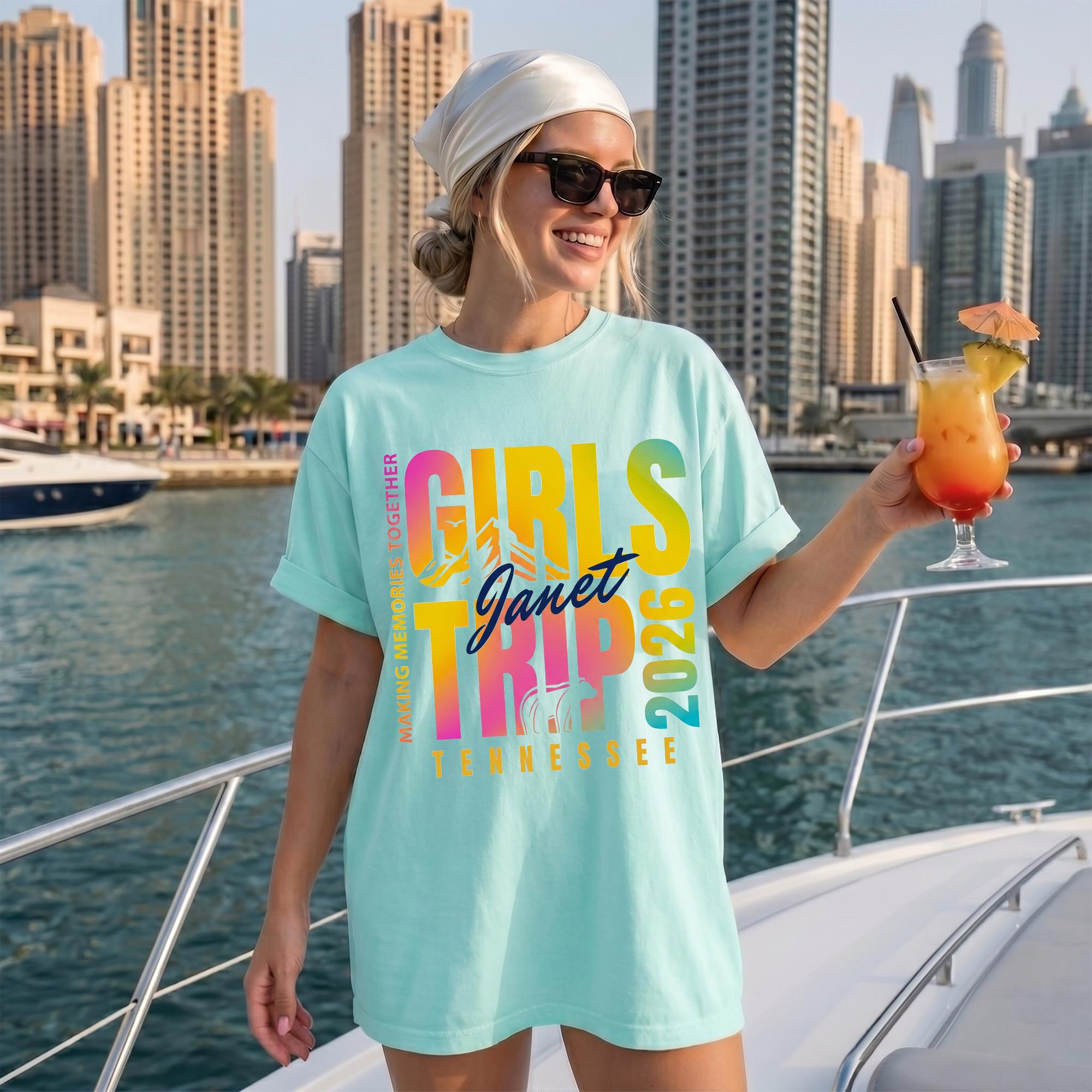 Custom Girls Trip 2026 Shirt Oversized Graphic T-Shirt Women Girls Group Tropical Beach Summer Vacay Retro Preppy Personalized Girl Vacation Weekend Matching T-Shirts Vacay Mode Tees Girl Gang Group T-Shirts Gift 4