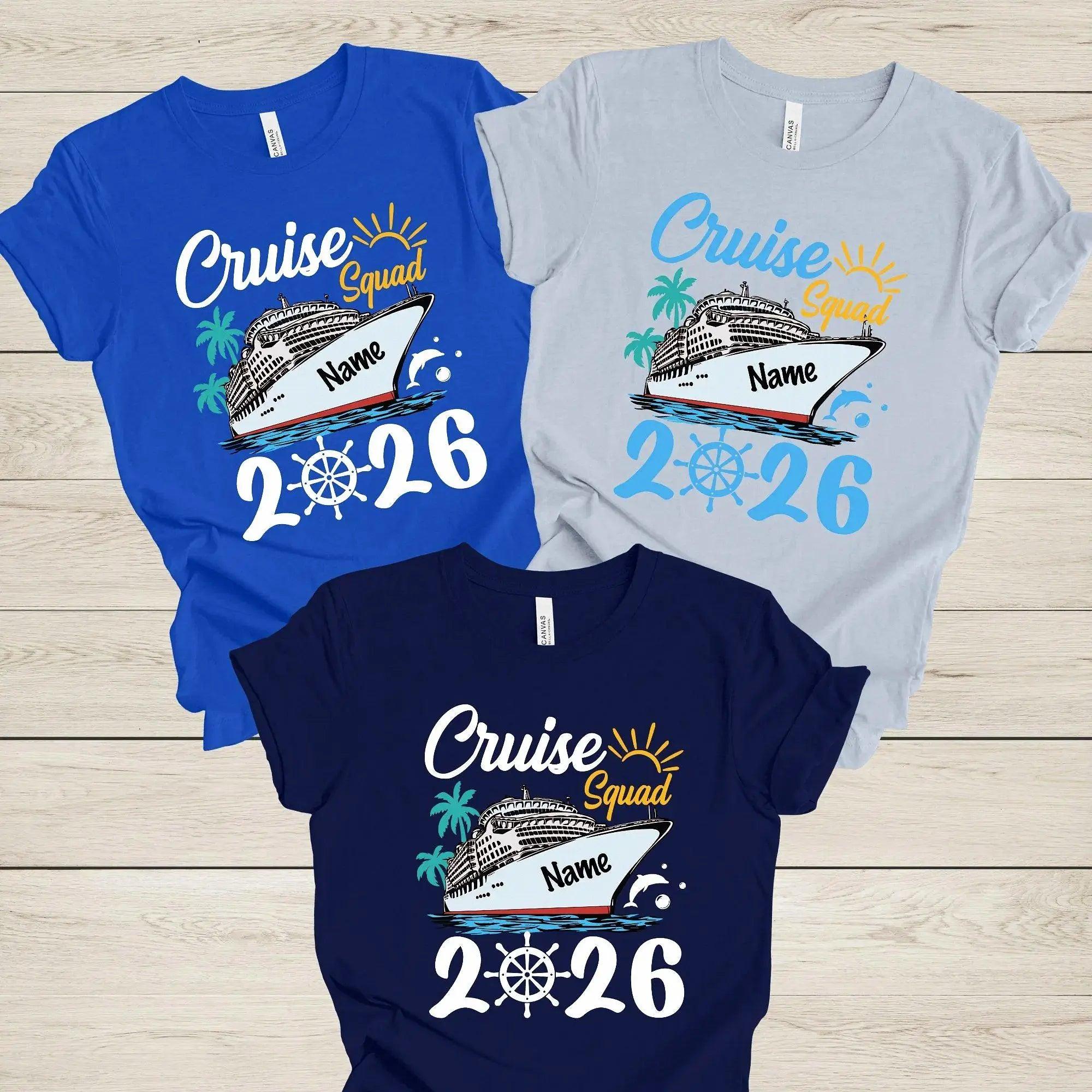 Custom Cruise Squad 2026 Family Matching T-Shirts Vacation Group Cotton Tees Tropical Nautical Aesthetic Red Pink Navy White Personalized Holiday Apparel Ship Wheel Ocean Getaway Souvenir Shirts For Men Women Kids 2