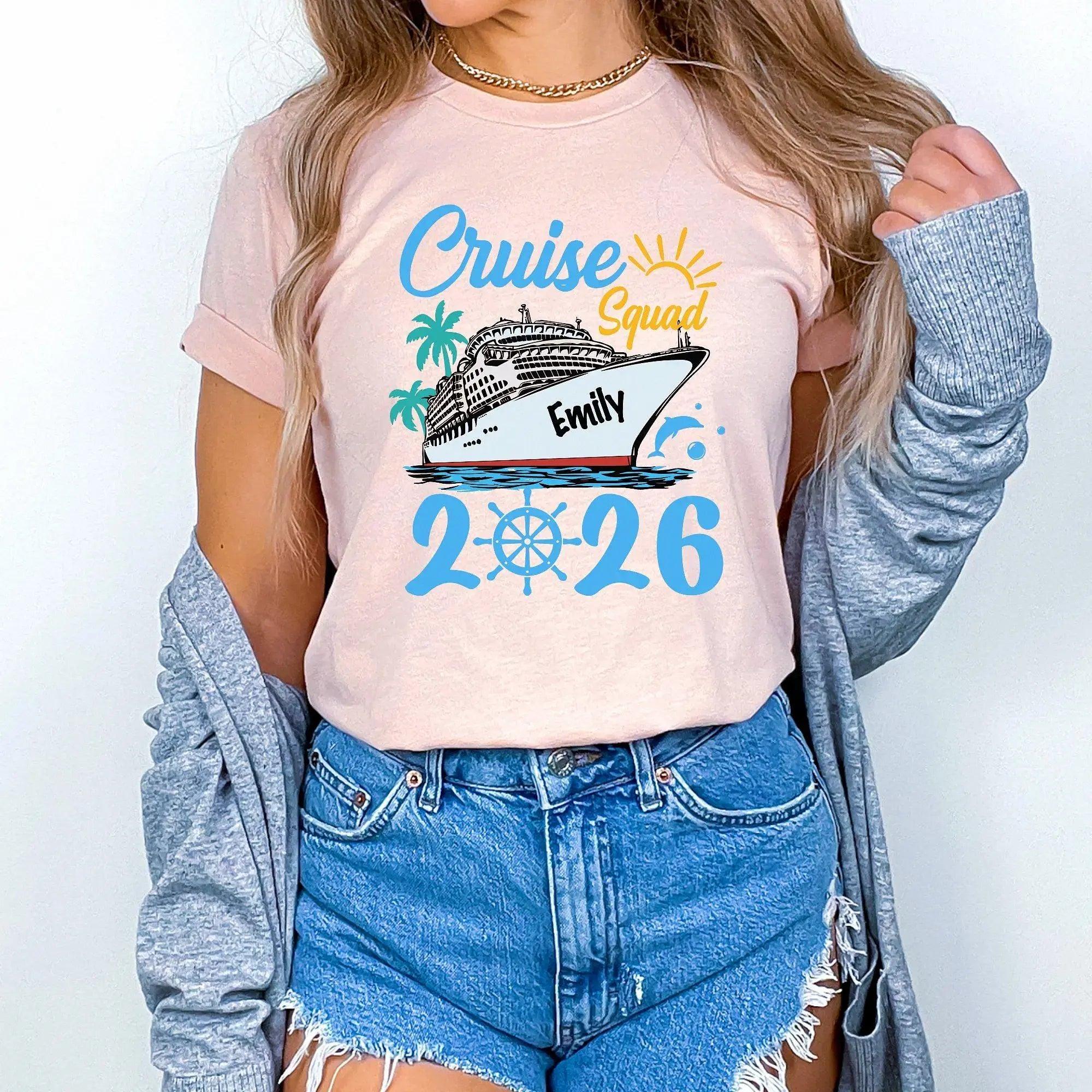 Custom Cruise Squad 2026 Family Matching T-Shirts Vacation Group Cotton Tees Tropical Nautical Aesthetic Red Pink Navy White Personalized Holiday Apparel Ship Wheel Ocean Getaway Souvenir Shirts For Men Women Kids 4