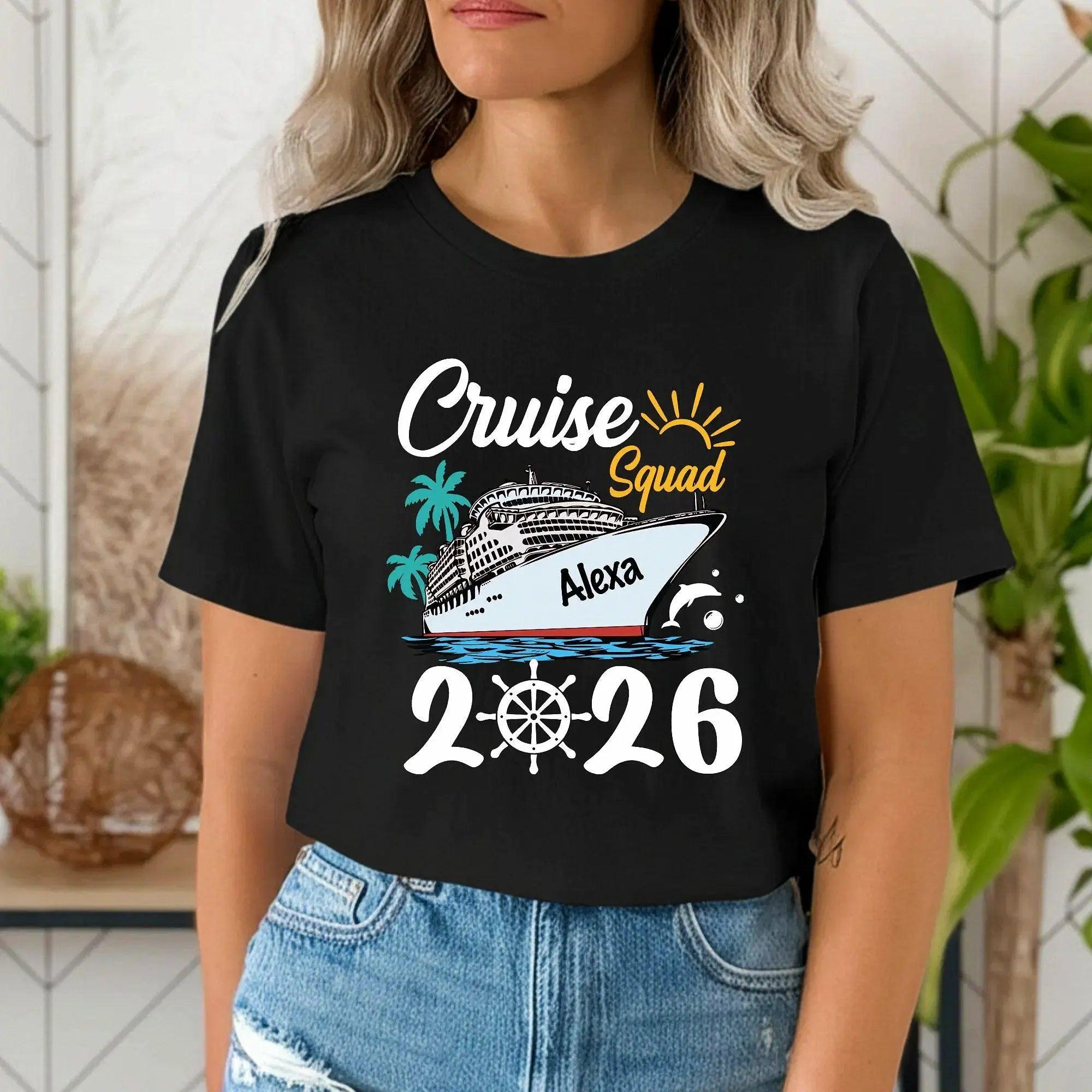 Custom Cruise Squad 2026 Family Matching T-Shirts Vacation Group Cotton Tees Tropical Nautical Aesthetic Red Pink Navy White Personalized Holiday Apparel Ship Wheel Ocean Getaway Souvenir Shirts For Men Women Kids 3