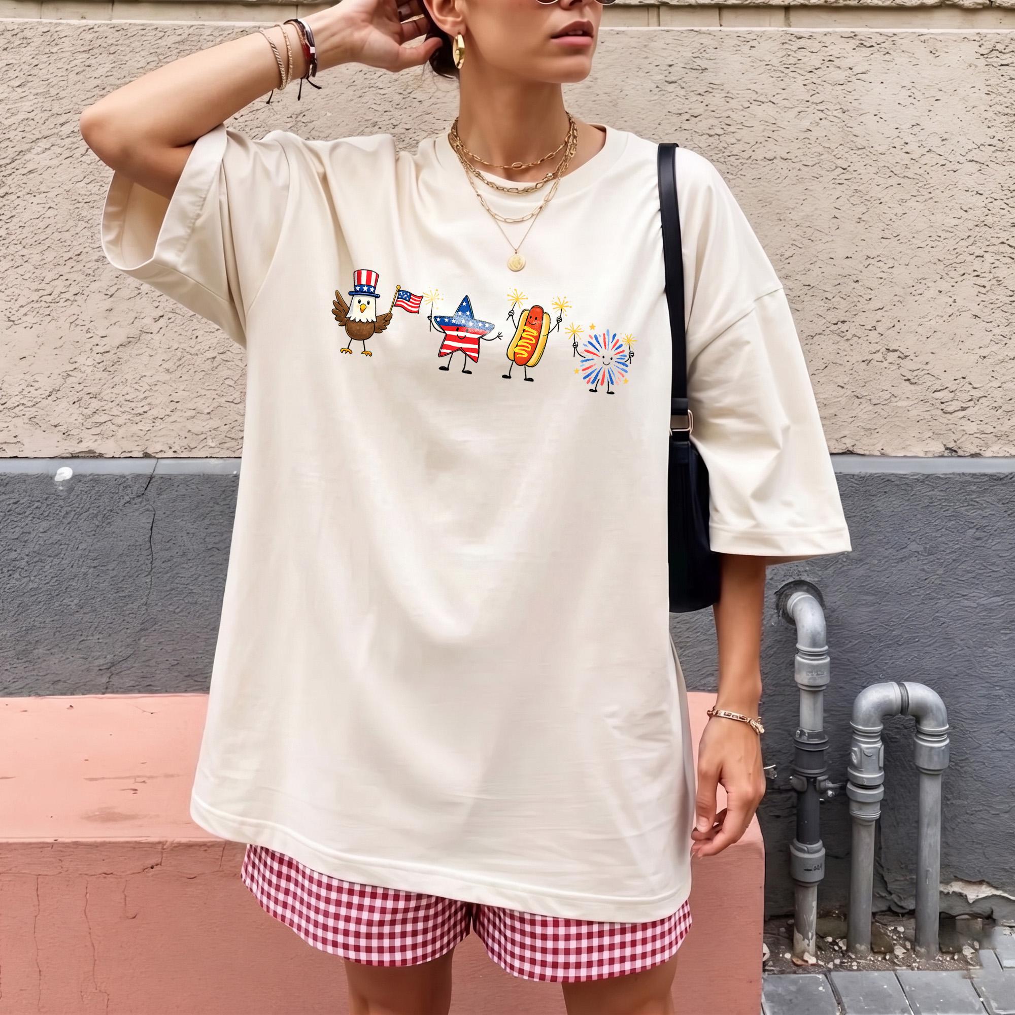 Cute 4th Of July Patriotic Graphic T-Shirt For Women Oversized Loose Tee Preppy Retro Aesthetic Funny America Shirt Eagle Star Hotdog Firework Independence Day Summer Party Festival Holiday Gift 4