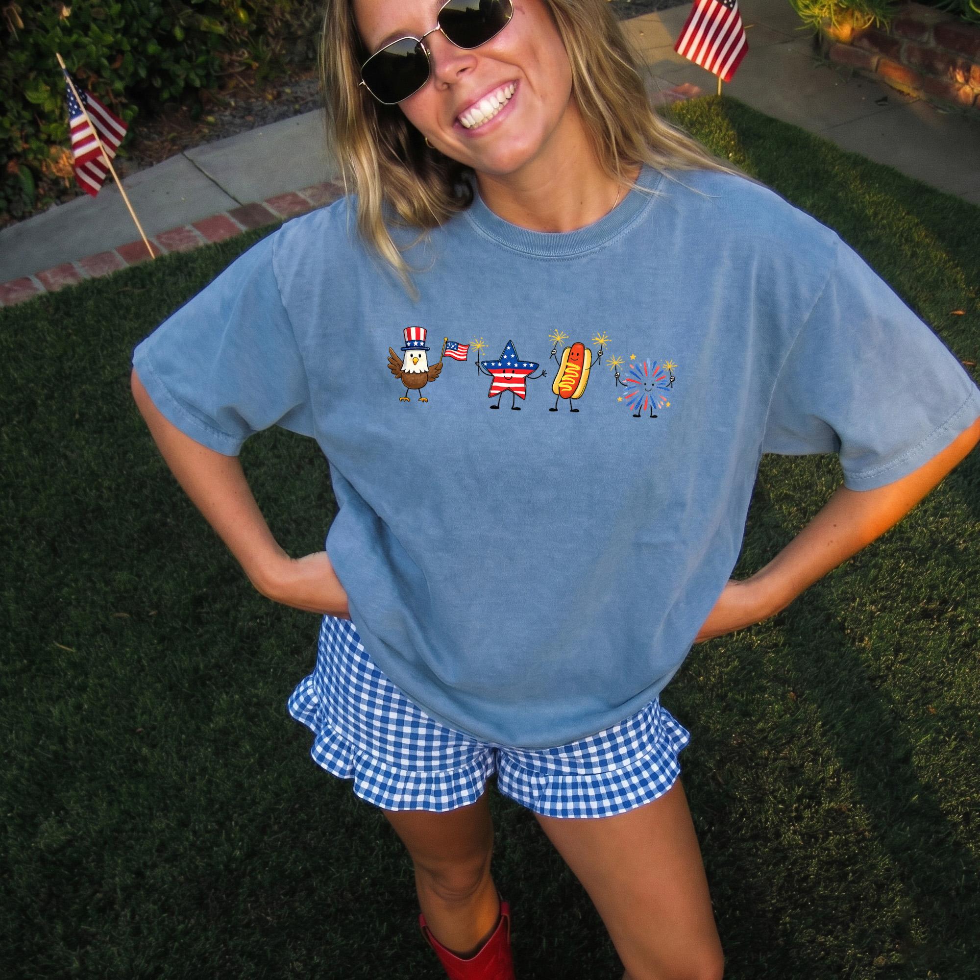 Cute 4th Of July Patriotic Graphic T-Shirt For Women Oversized Loose Tee Preppy Retro Aesthetic Funny America Shirt Eagle Star Hotdog Firework Independence Day Summer Party Festival Holiday Gift 3