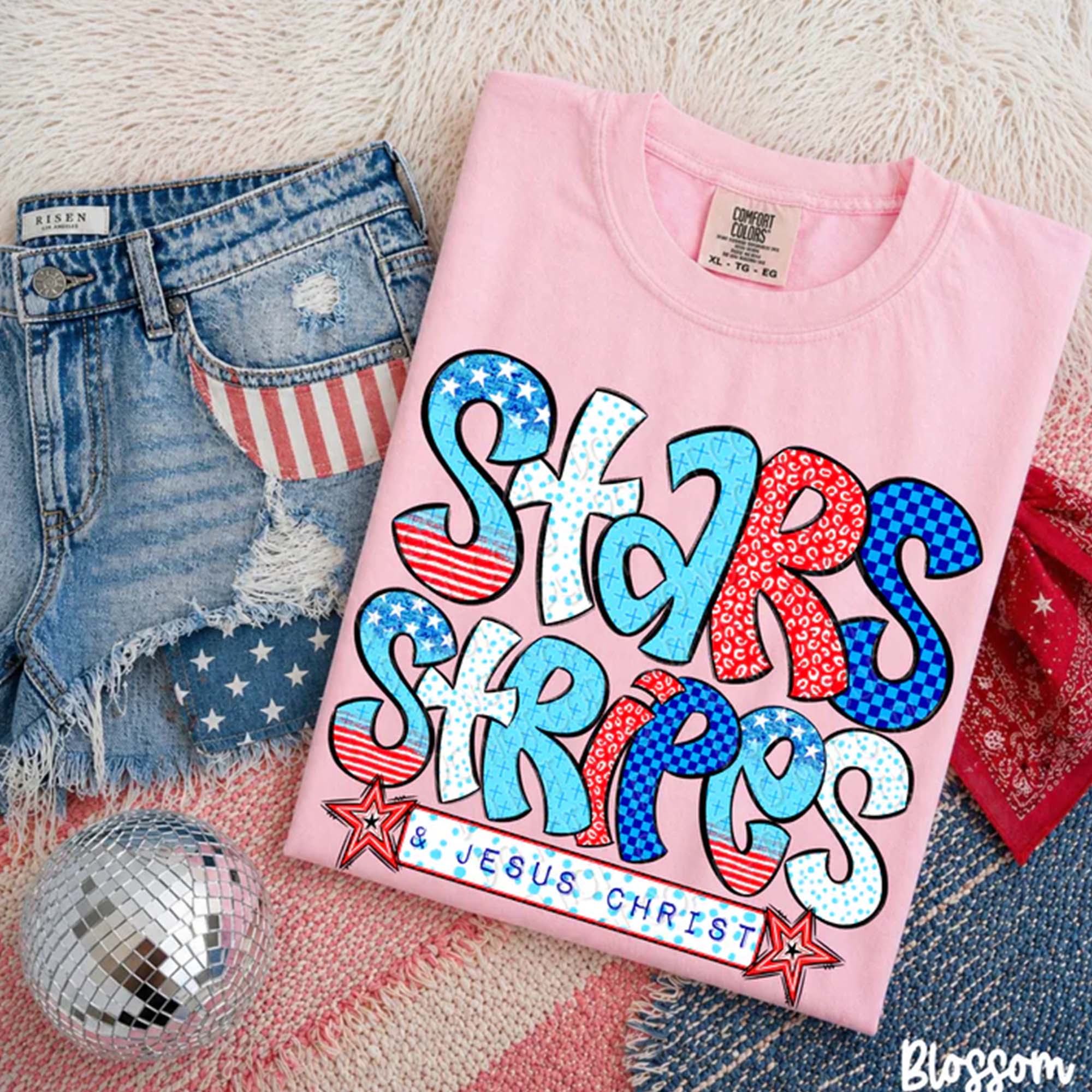 Stars Stripes And Jesus Christ Graphic T-Shirt For Women Preppy Retro Western Patriotic Christian Aesthetic White Cotton Tee Red White Blue Bubble Letters Leopard Checkerboard Print Fourth Of July Independence Day Top 3