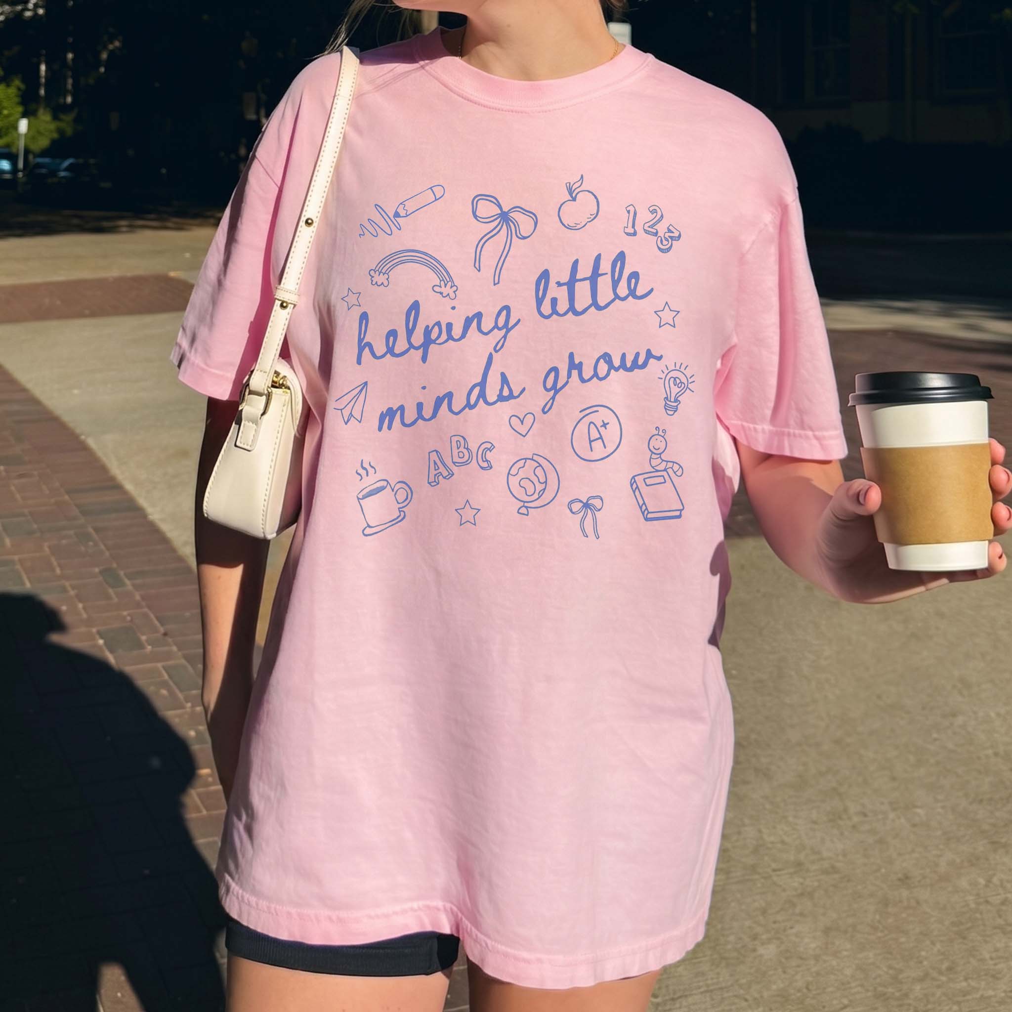 Helping Little Minds Grow Graphic T-Shirt For Women Teachers Preppy Coquette Teacher Aesthetic White Cotton Blend Top Back To School Kindergarten Educator Casual Apparel Daycare Preschool Cute Doodle Design Tee Shirt 4