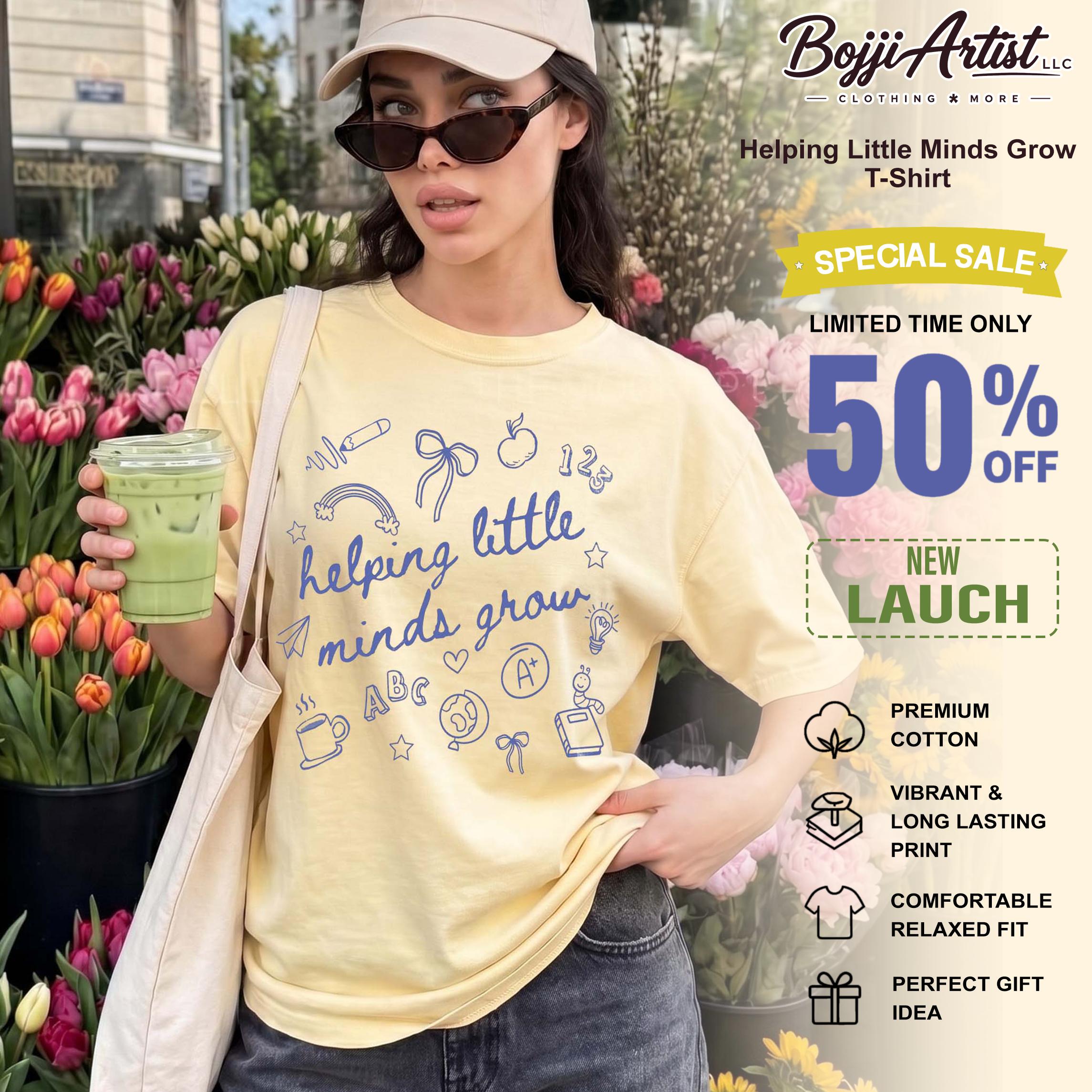 Helping Little Minds Grow Graphic T-Shirt For Women Teachers Preppy Coquette Teacher Aesthetic White Cotton Blend Top Back To School Kindergarten Educator Casual Apparel Daycare Preschool Cute Doodle Design Tee Shirt 2
