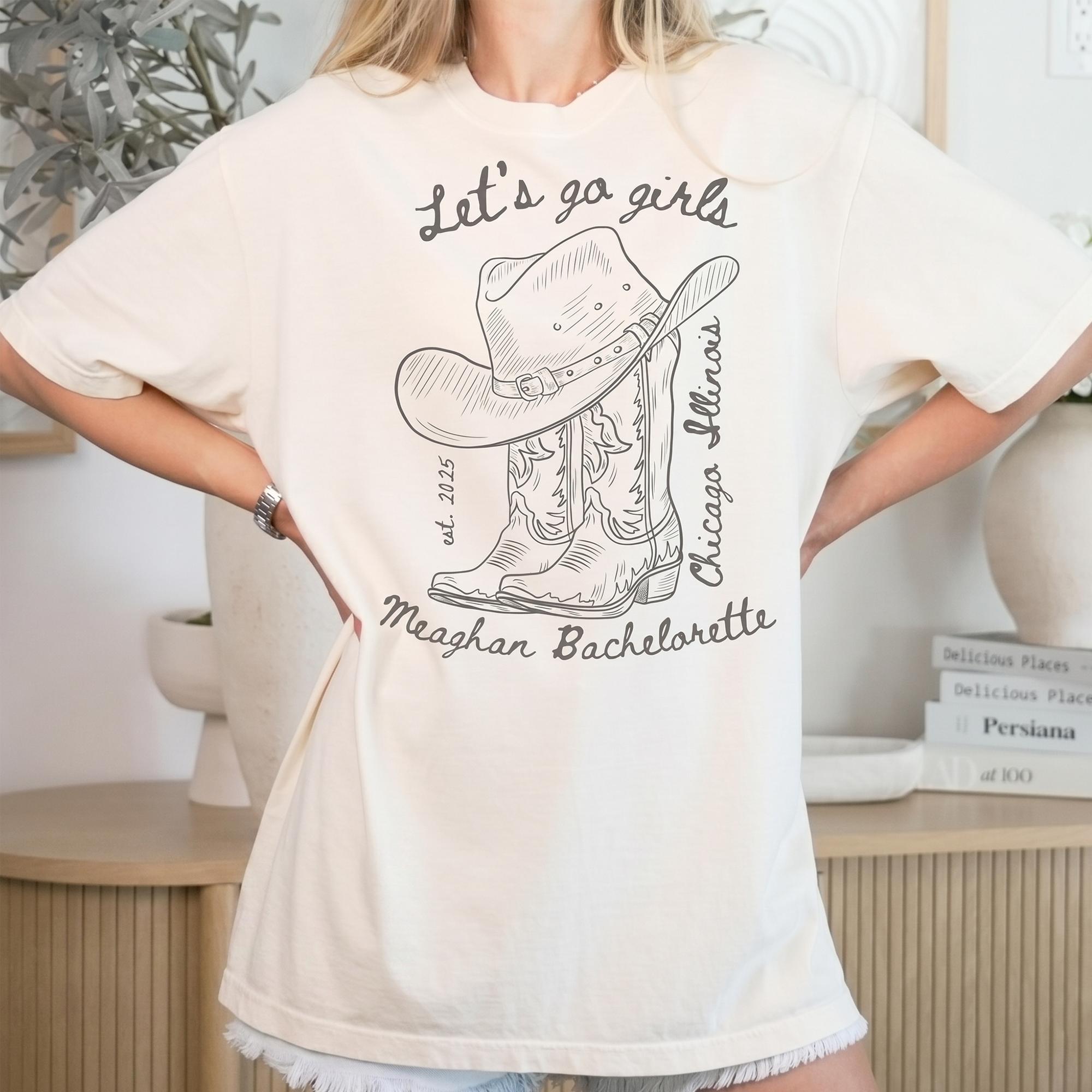 Personalized Let's Go Girls T-Shirt Custom Bachelorette Matching Shirt for Women and Bridal Party Western Country Nashville Aesthetic Ivory Cotton Top Cowgirl Bride Tee Personalized Nashville Bach T-Shirts Country Bridal Squad 2