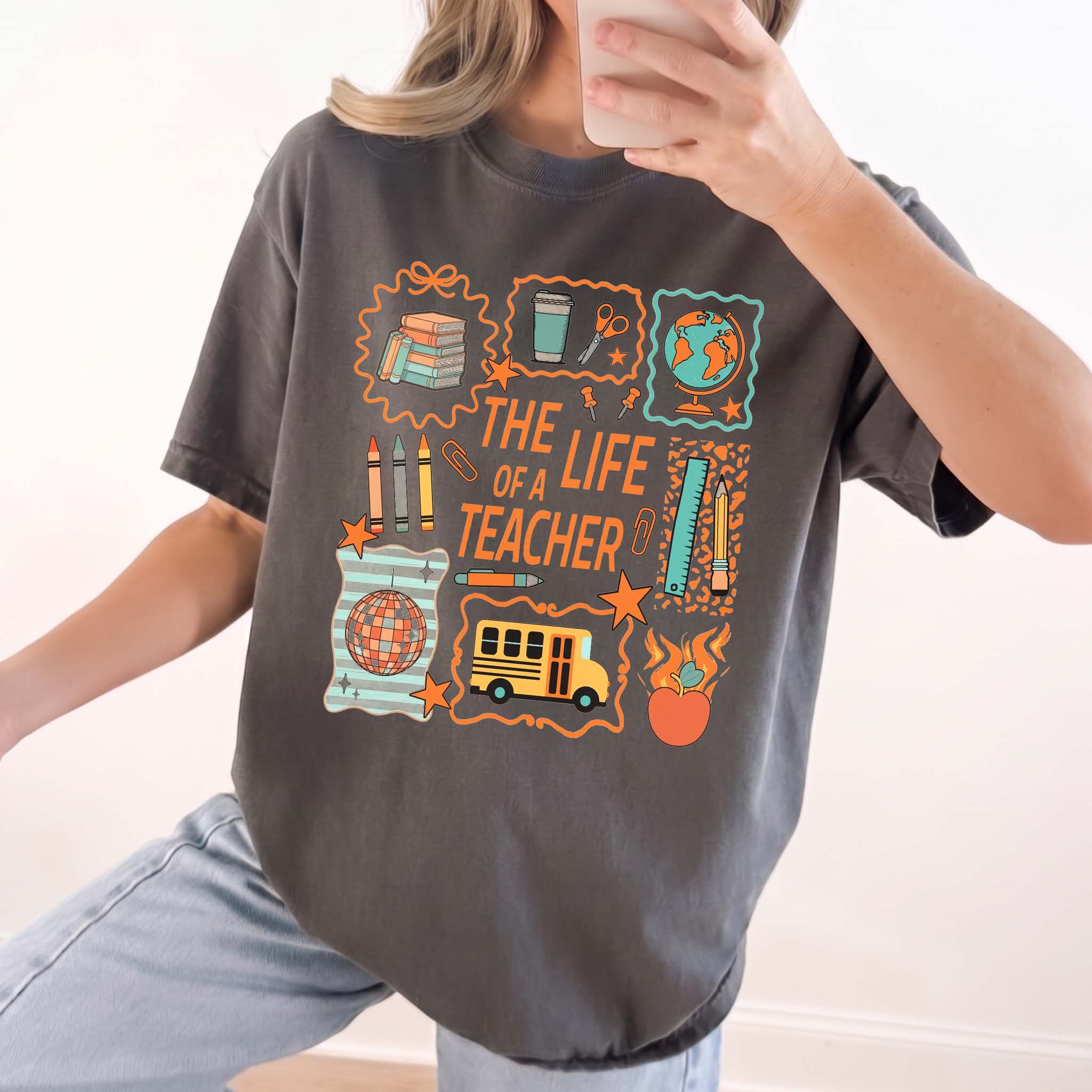Women's Retro Casual Short Sleeve Round Neck Soft Style Teacher Parody Graphic Print 1-Piece T-Shirt - Ribbed Streetwear Cotton Blend, Wrap Back Back To School Educator Tee 4
