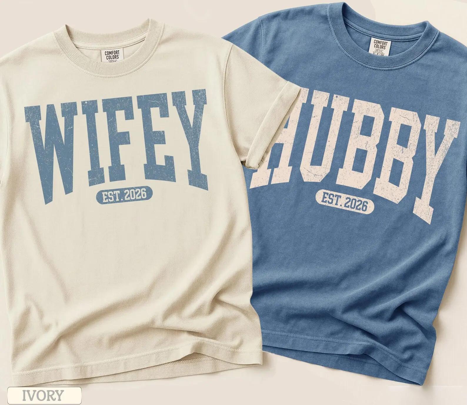 Matching Wifey and Hubby Est 2026 Couples Graphic T-Shirts For Engaged Bride and Groom Preppy Retro Vintage Collegiate Aesthetic Sage Green and Cream Heavyweight Cotton Tees Newlywed Engagement Bridal Shower Gift Honeymoon Outfit 3