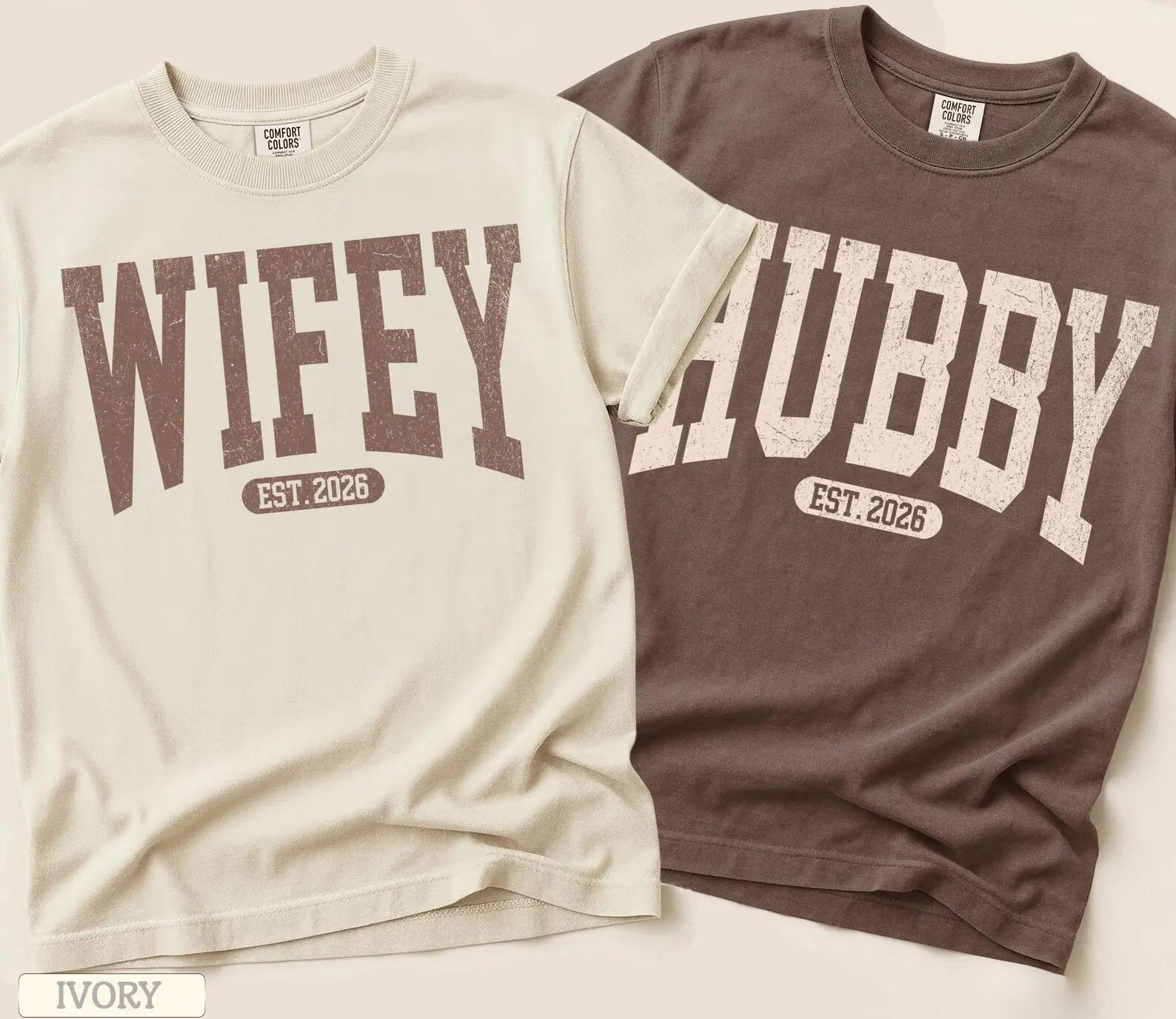 Matching Wifey and Hubby Est 2026 Couples Graphic T-Shirts For Engaged Bride and Groom Preppy Retro Vintage Collegiate Aesthetic Sage Green and Cream Heavyweight Cotton Tees Newlywed Engagement Bridal Shower Gift Honeymoon Outfit 2
