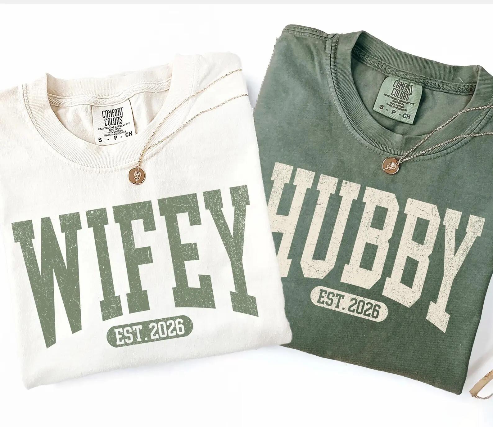 Matching Wifey and Hubby Est 2026 Couples Graphic T-Shirts For Engaged Bride and Groom Preppy Retro Vintage Collegiate Aesthetic Sage Green and Cream Heavyweight Cotton Tees Newlywed Engagement Bridal Shower Gift Honeymoon Outfit 4