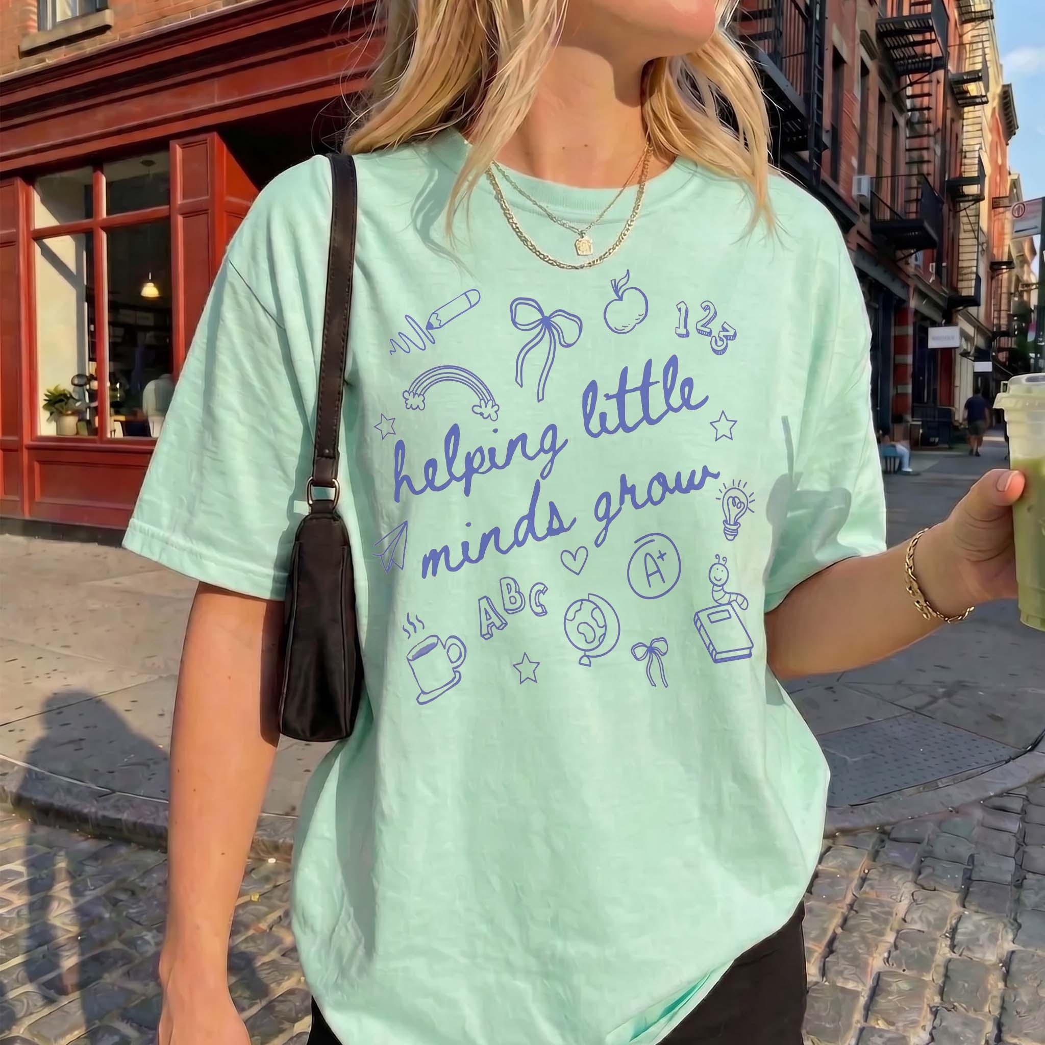 Helping Little Minds Grow Graphic T-Shirt For Women Teachers Preppy Coquette Teacher Aesthetic White Cotton Blend Top Back To School Kindergarten Educator Casual Apparel Daycare Preschool Cute Doodle Design Tee Shirt 3