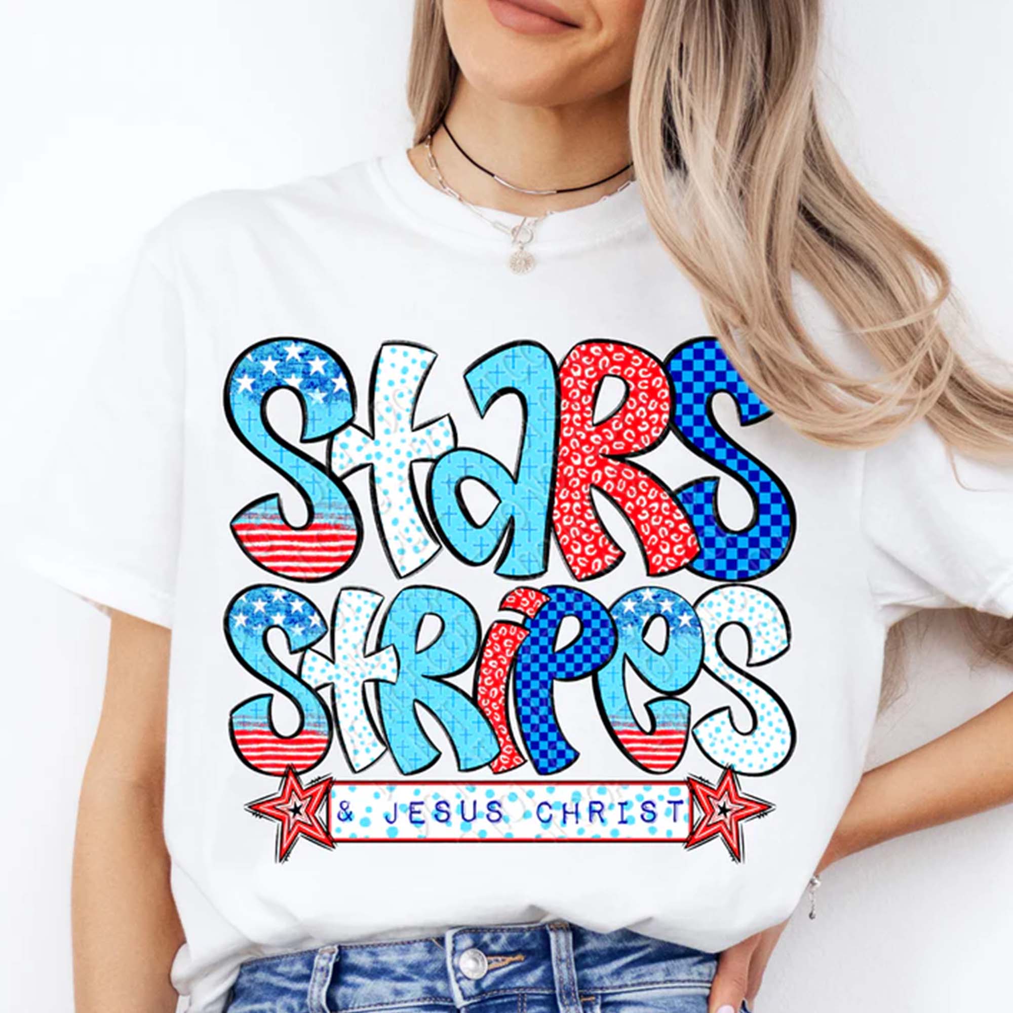 Stars Stripes And Jesus Christ Graphic T-Shirt For Women Preppy Retro Western Patriotic Christian Aesthetic White Cotton Tee Red White Blue Bubble Letters Leopard Checkerboard Print Fourth Of July Independence Day Top 4