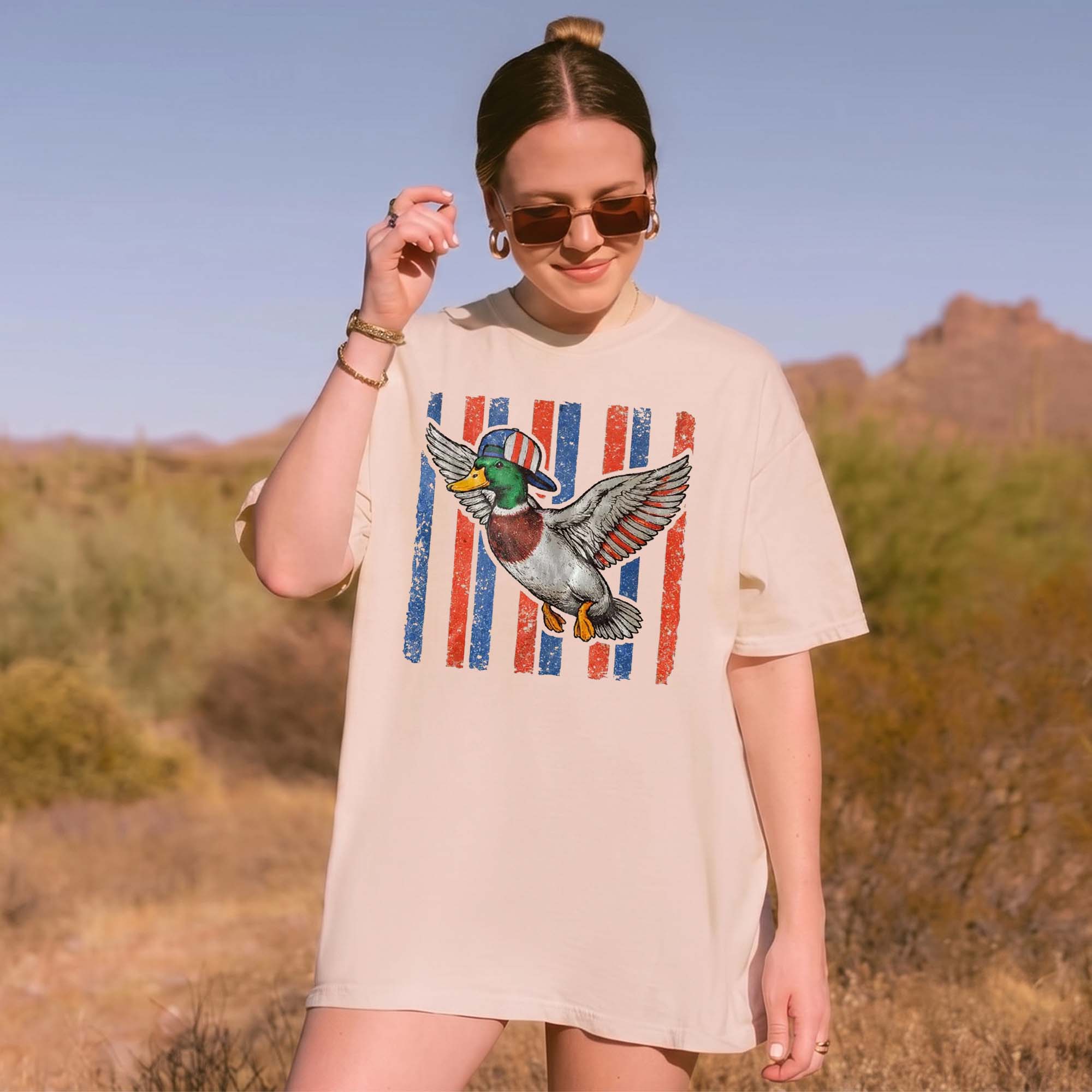 Flying Mallard Duck Patriotic 4th Of July Graphic T-Shirt Unisex Men Women Retro Southern Western Aesthetic Cream Cotton Summer Independence Day Waterfowl Hunting Tee Apparel Vintage USA American Flag Country Outdoors Casual Top 2