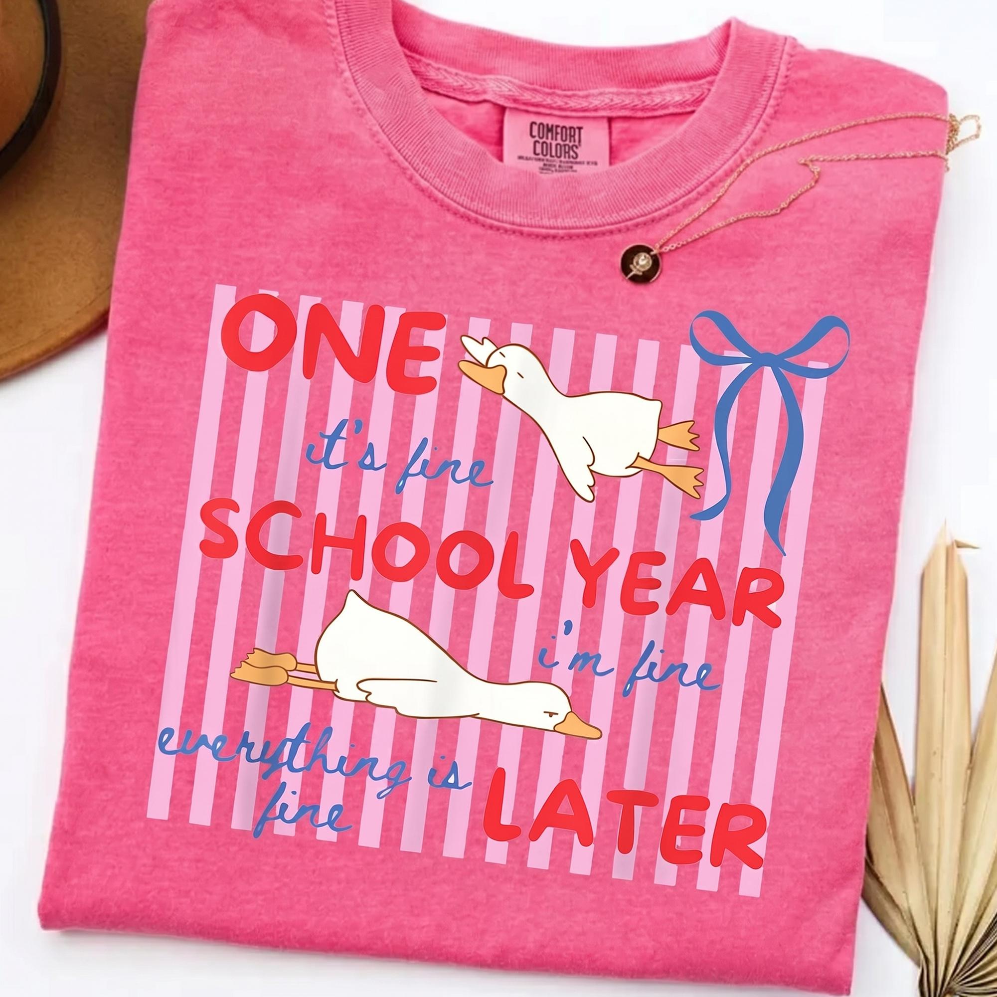 Striped One School Year Later Funny Goose Shirt, It's Fine I'm Fine Everything Is Fine Teacher Summer Tee, End Of School Year Shirt, Tired Teacher Gift Idea 4