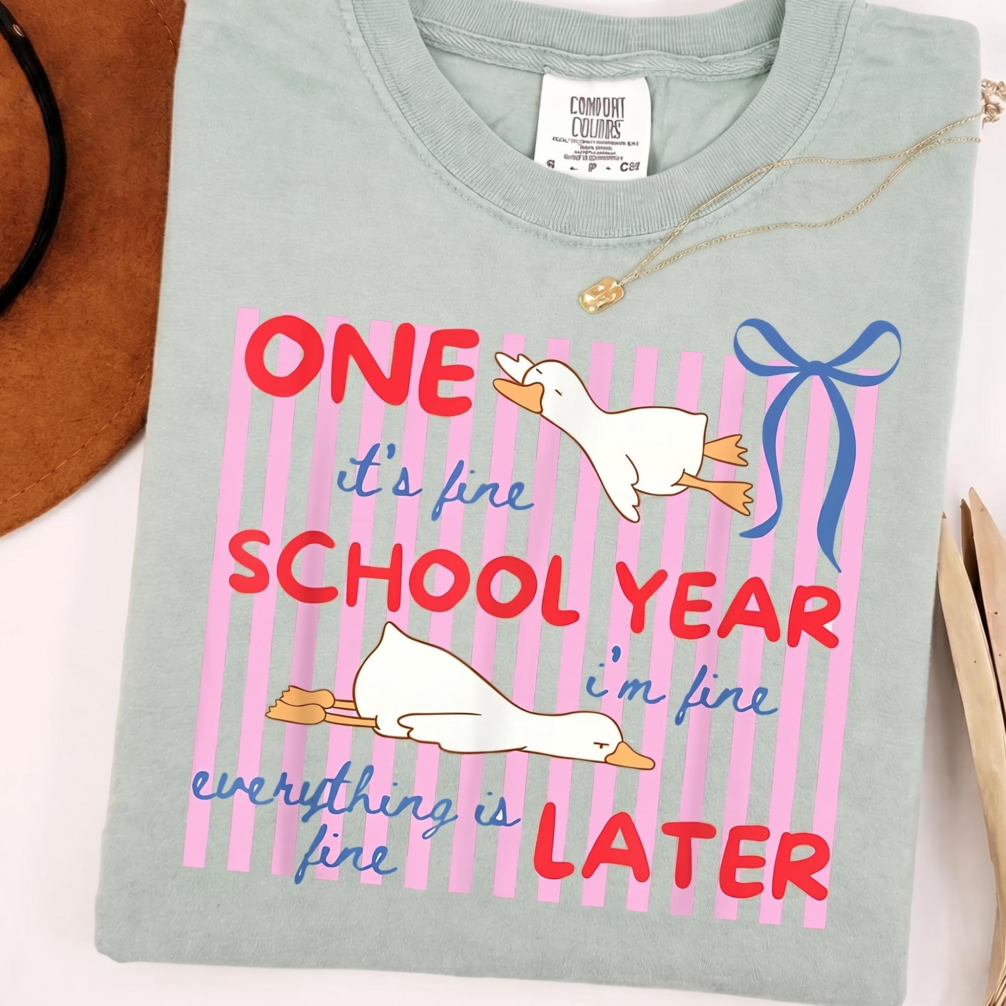 Striped One School Year Later Funny Goose Shirt, It's Fine I'm Fine Everything Is Fine Teacher Summer Tee, End Of School Year Shirt, Tired Teacher Gift Idea 3