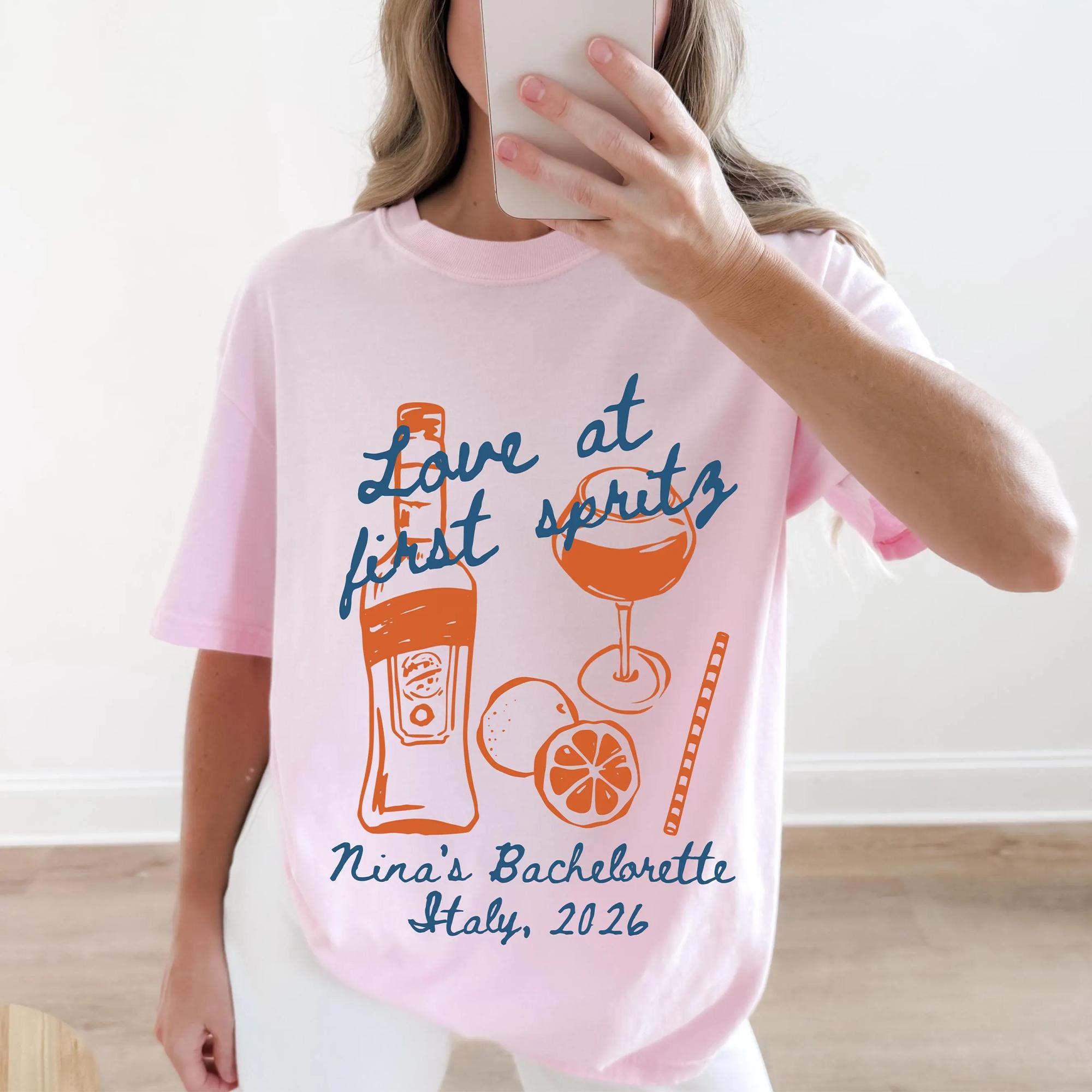 Personalized Love at First Spritz Bachelorette Shirt Graphic T-Shirt For Bride And Bridesmaids Group Matching Custom Preppy Euro Summer Retro Aesthetic Pale Cotton Top Aperol Spritz Bach Party Shirt Italy Cocktail Tee Summer Bach Trip Top 3
