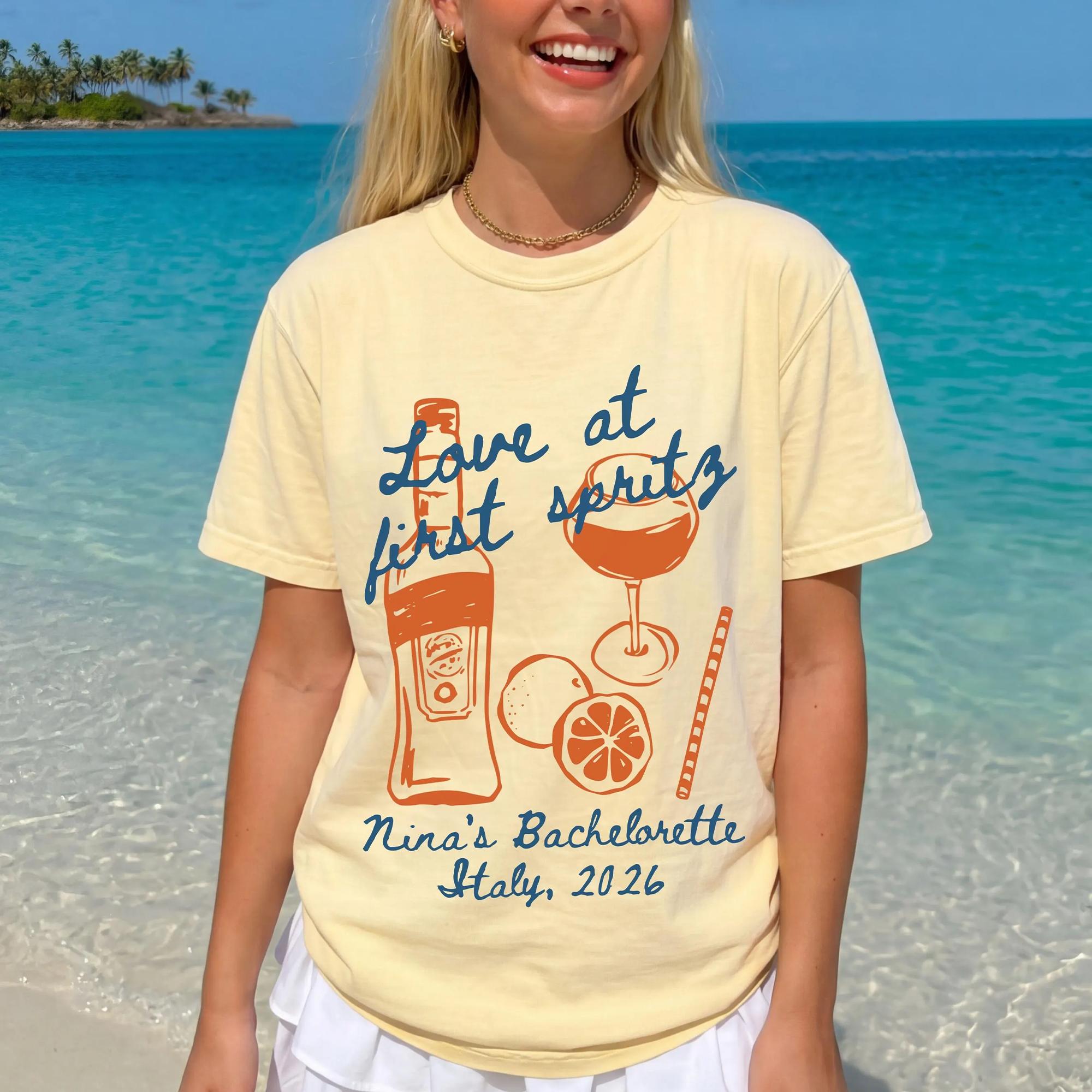 Personalized Love at First Spritz Bachelorette Shirt Graphic T-Shirt For Bride And Bridesmaids Group Matching Custom Preppy Euro Summer Retro Aesthetic Pale Cotton Top Aperol Spritz Bach Party Shirt Italy Cocktail Tee Summer Bach Trip Top 2