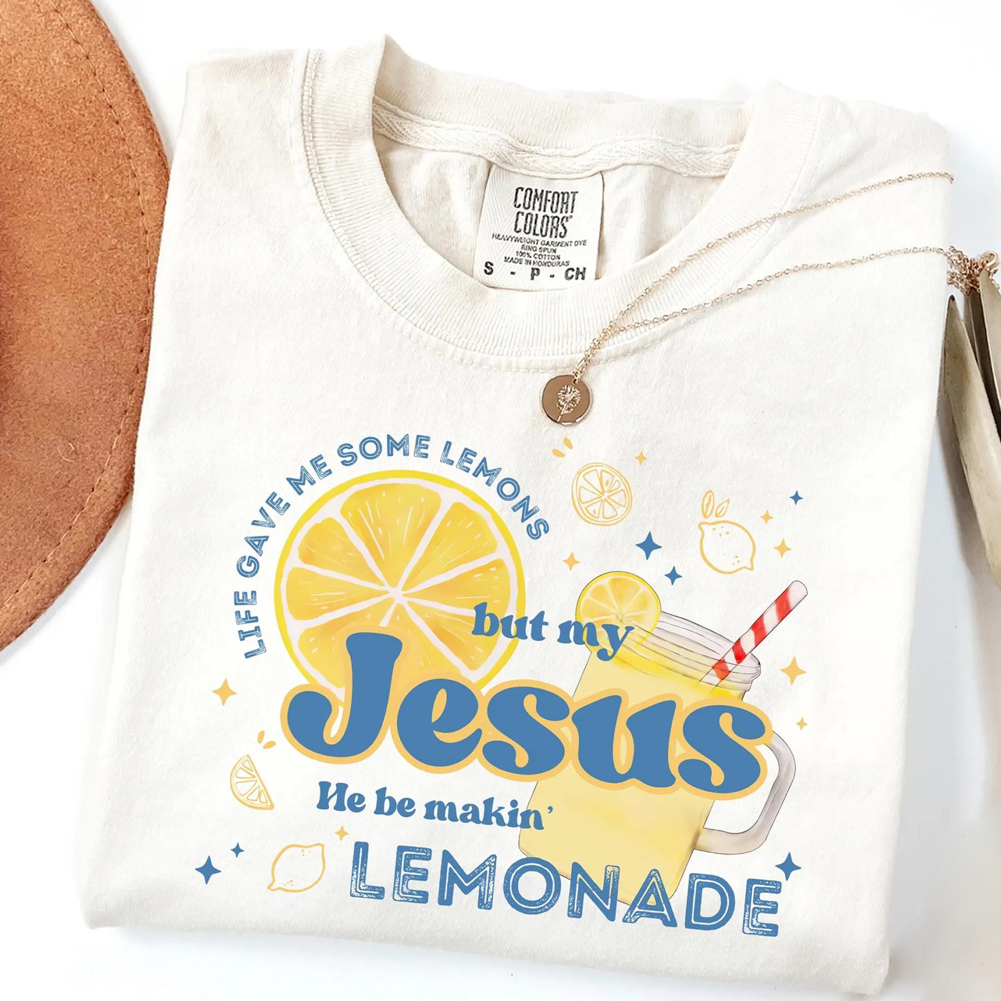 Women's "Life Gave Me Lemons Jesus Makes Lemonade" Graphic T-Shirt - Casual Round Neck Soft Cotton Ribbed Short-Sleeve Christian Faith Apparel Piece, Retro Preppy Vintage Blue Streetwear Top, Summer Style Gift for Her 4