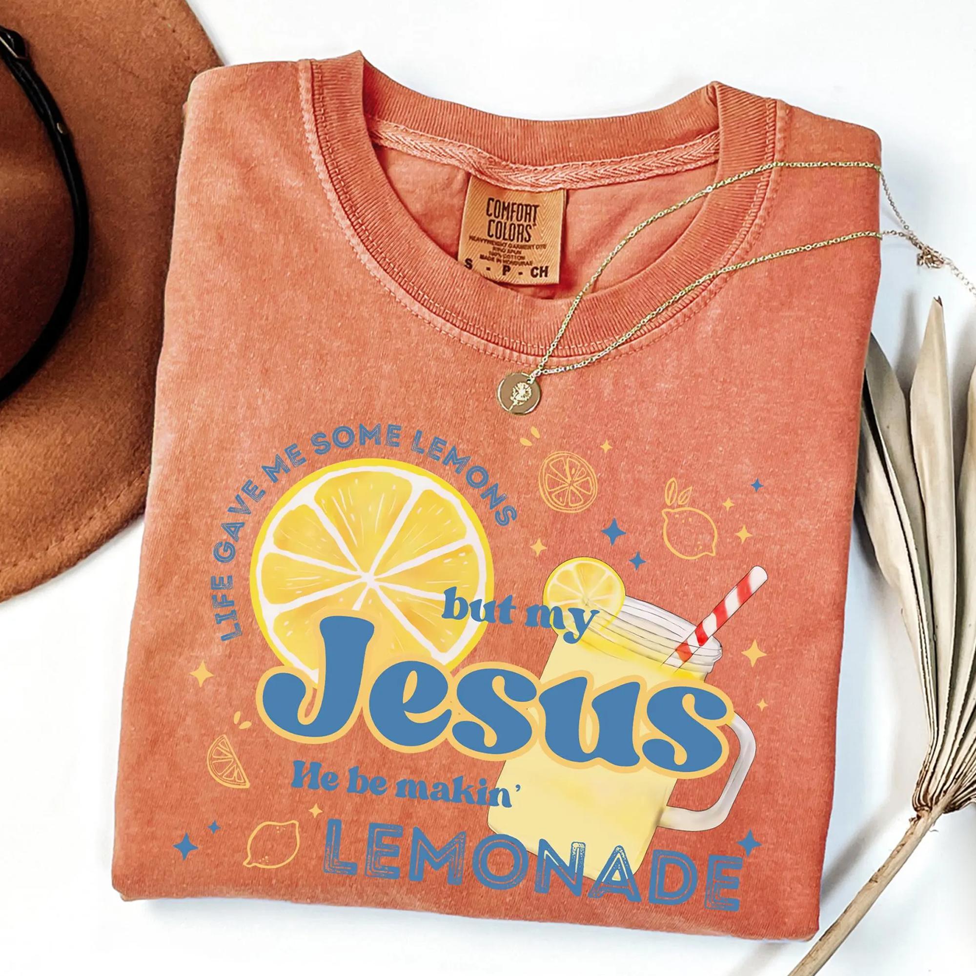 Women's "Life Gave Me Lemons Jesus Makes Lemonade" Graphic T-Shirt - Casual Round Neck Soft Cotton Ribbed Short-Sleeve Christian Faith Apparel Piece, Retro Preppy Vintage Blue Streetwear Top, Summer Style Gift for Her 2