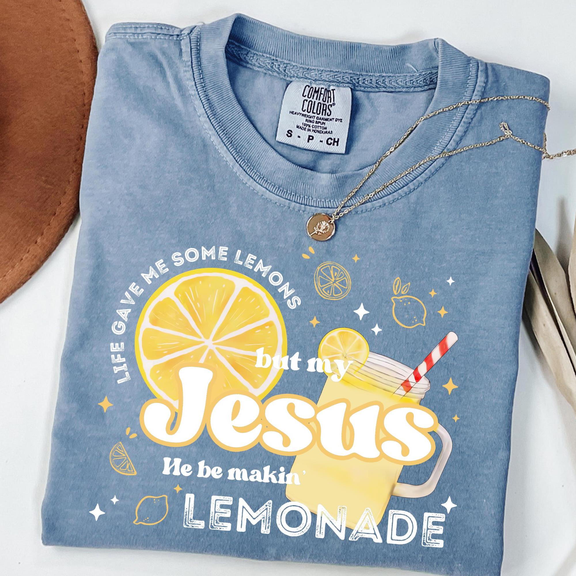 Women's "Life Gave Me Lemons Jesus Makes Lemonade" Graphic T-Shirt - Casual Round Neck Soft Cotton Ribbed Short-Sleeve Christian Faith Apparel Piece, Retro Preppy Vintage Blue Streetwear Top, Summer Style Gift for Her 3
