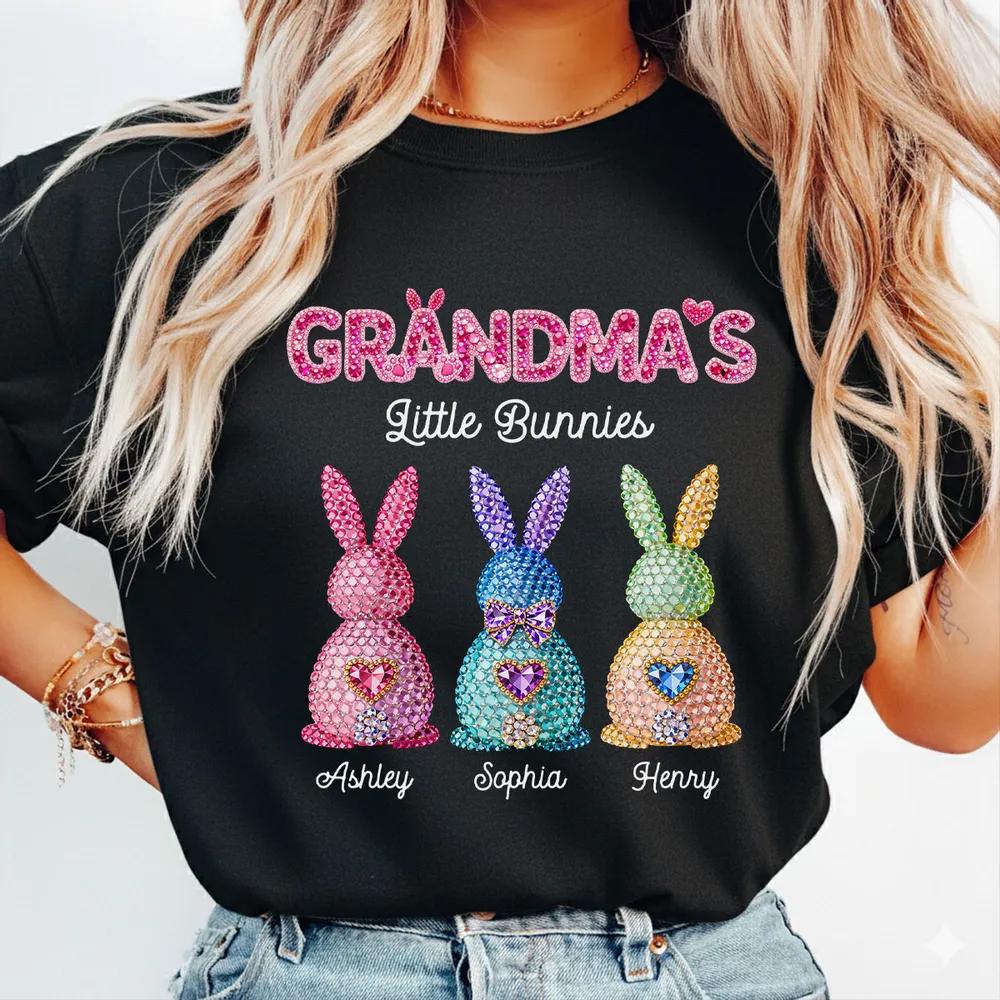 Grandma's Little Bunnies Personalized Sweatshirt, Custom Grandkids Name Easter Top, Sparkly Rhinestone Bunny Graphic Pullover, Aesthetic Nana Gift, Personalized Family Easter Shirt 4
