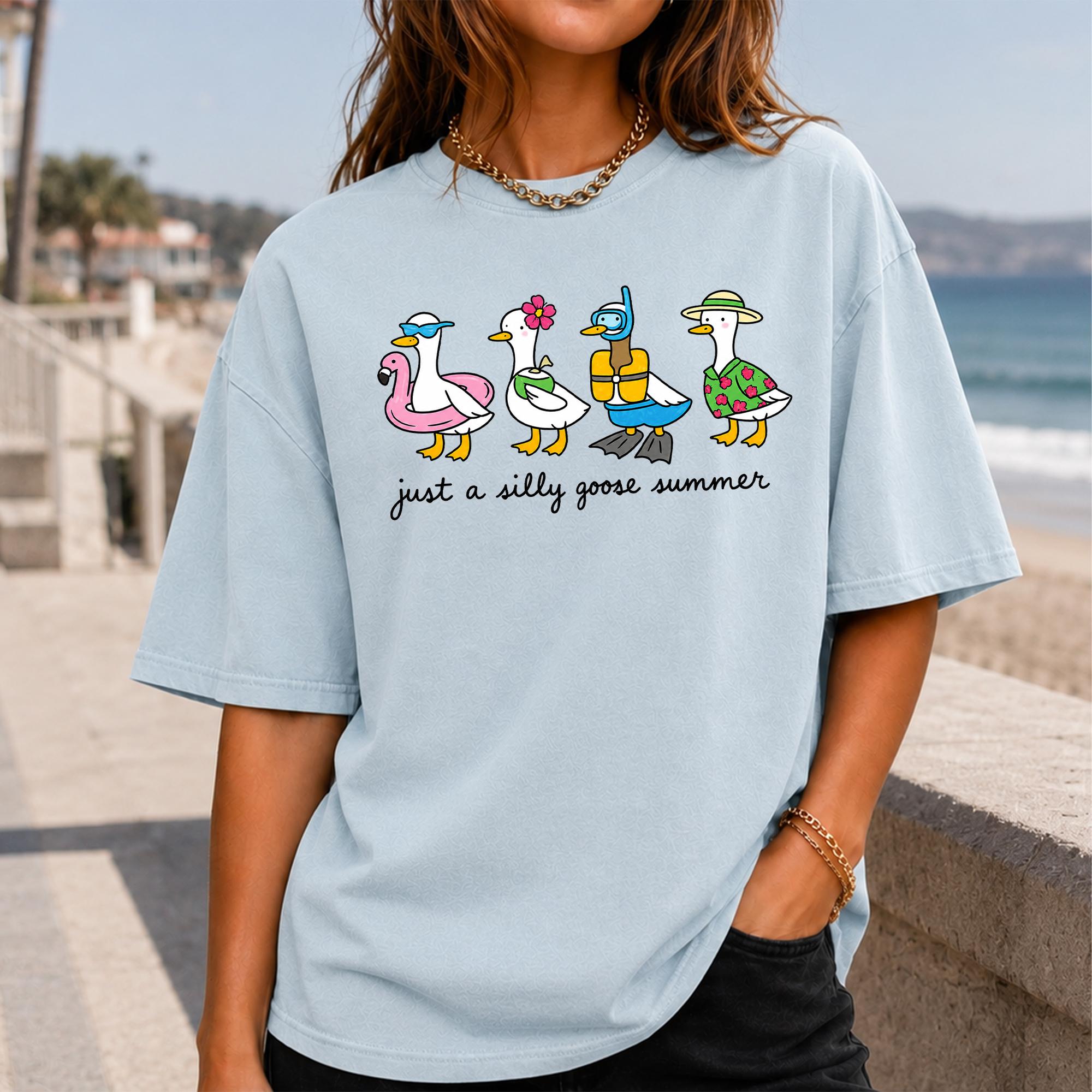 Just A Silly Goose Summer Graphic T-Shirt For Women, Lightweight Oversized Crew Neck Cotton Top, Preppy Y2K Aesthetic Casual Streetwear Outfits, White Viral TikTok Fashion Animal Meme Vacation Tee Everyday Wear 4