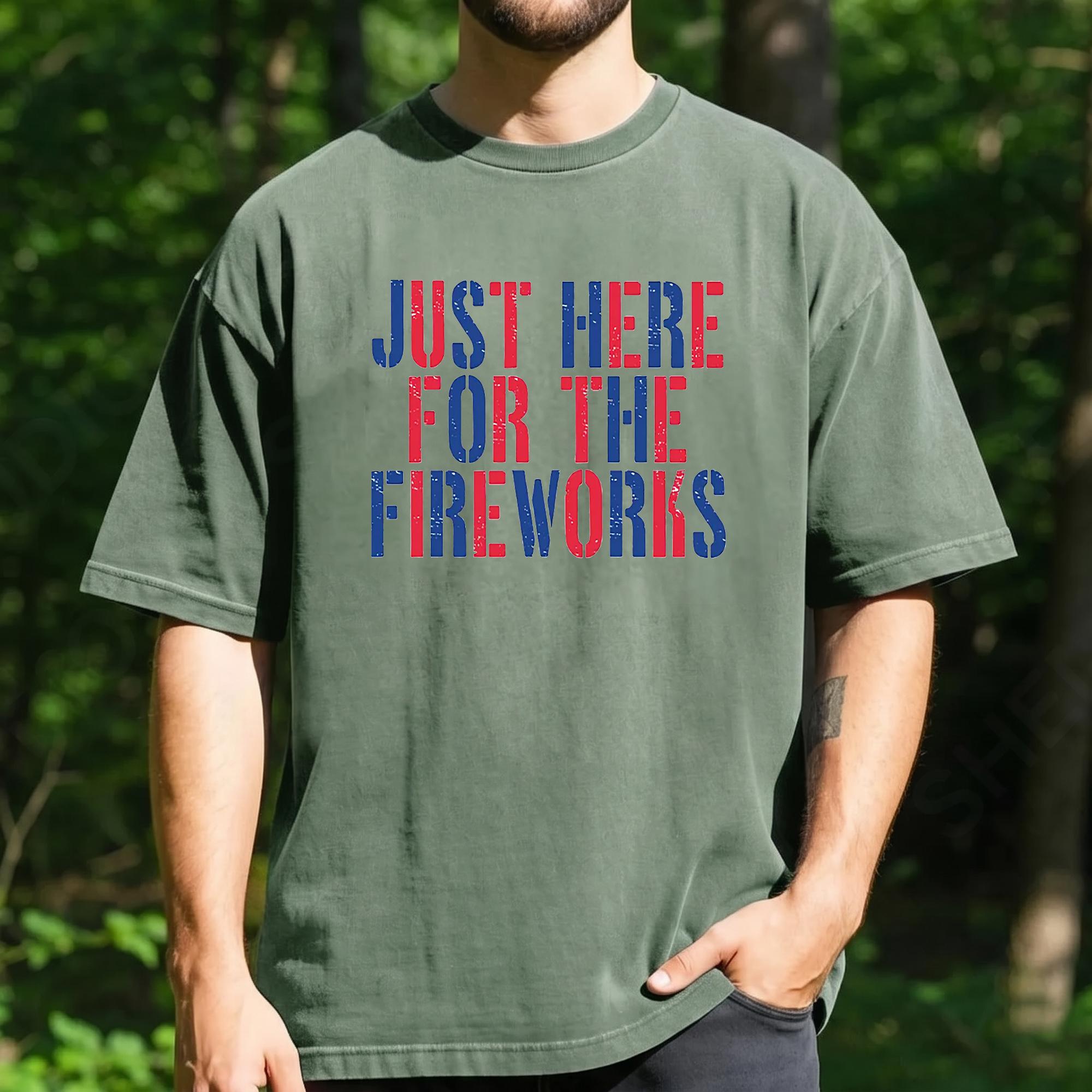 Just Here For The Fireworks Graphic Tee Couples Matching T-Shirts 4th of July Top Men Women Adult Patriotic Retro Distressed Summer Casual Funny Black White Red Blue Soft Cotton Blend USA 250th Independence Day Celebration Holiday Apparel fathe 4