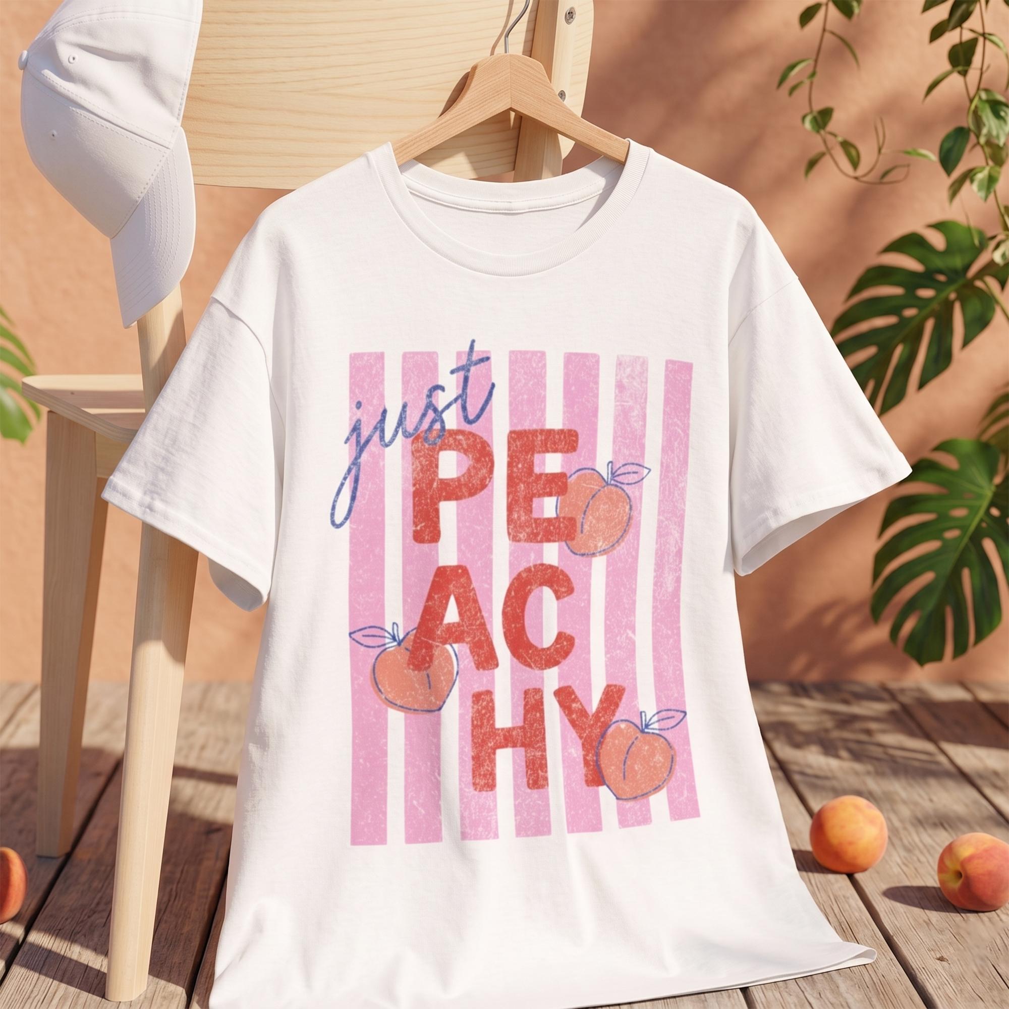 Women's Ultra-Soft Ribbed Cotton Apparel Piece - Casual Round Neck T-Shirt, Vintage Just Peachy Tropical Fruit Graphic, Breathable Wrap Style, Flattering Fit Spring Gift For Her, Easy Matching Streetwear Beach Top 4
