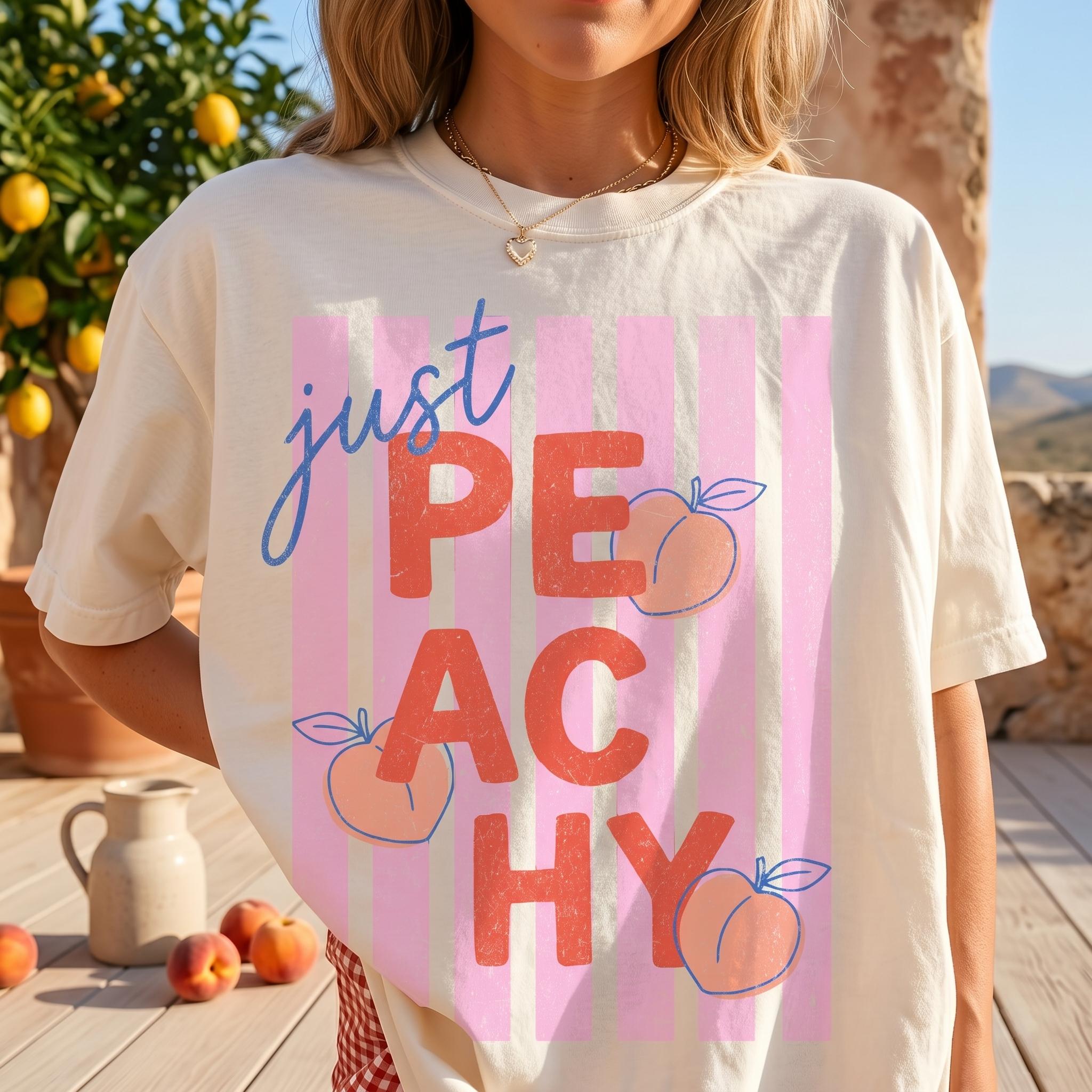 Women's Ultra-Soft Ribbed Cotton Apparel Piece - Casual Round Neck T-Shirt, Vintage Just Peachy Tropical Fruit Graphic, Breathable Wrap Style, Flattering Fit Spring Gift For Her, Easy Matching Streetwear Beach Top 2