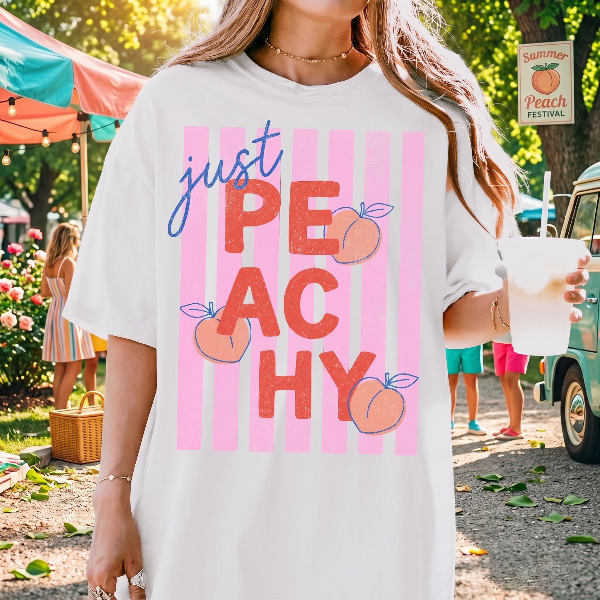 Women's Ultra-Soft Ribbed Cotton Apparel Piece - Casual Round Neck T-Shirt, Vintage Just Peachy Tropical Fruit Graphic, Breathable Wrap Style, Flattering Fit Spring Gift For Her, Easy Matching Streetwear Beach Top 3