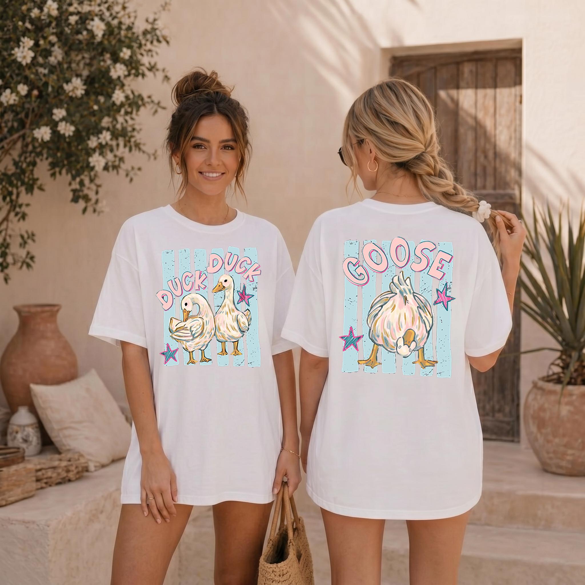 Trending Catch Phrase Shirt Duck Duck Goose Guess What Shirt Cute Brushstroke Duck Graphic Tee Summer Beach Vintage Tee Girly Boutique Tee Aesthetic Trendy Coppy Cute Birds Double Sided Print Short Sleeve T-Shirt 2