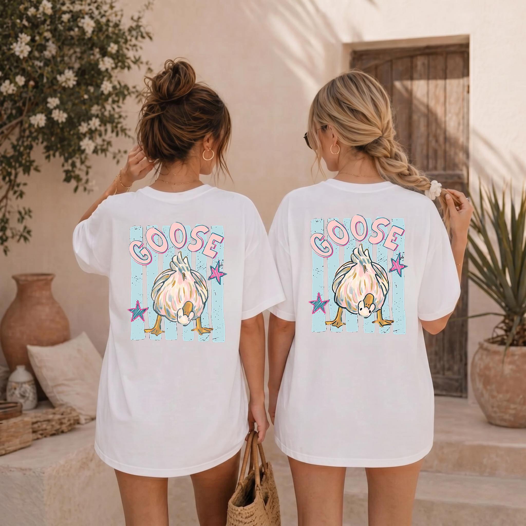 Trending Catch Phrase Shirt Duck Duck Goose Guess What Shirt Cute Brushstroke Duck Graphic Tee Summer Beach Vintage Tee Girly Boutique Tee Aesthetic Trendy Coppy Cute Birds Double Sided Print Short Sleeve T-Shirt 3
