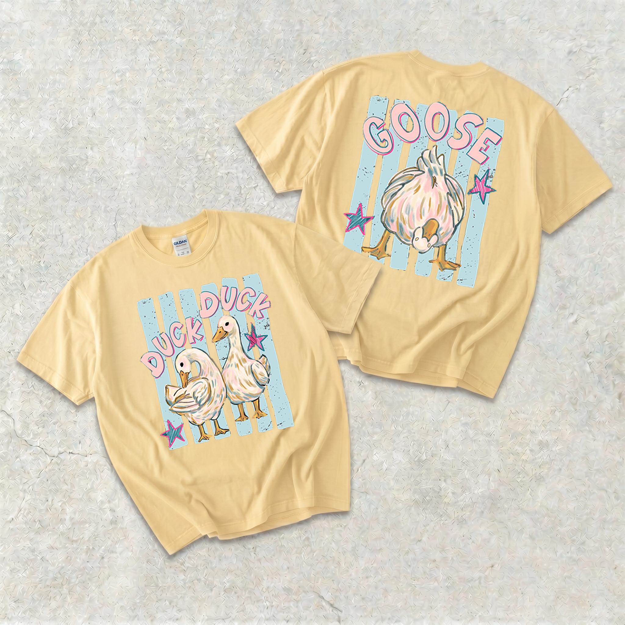 Trending Catch Phrase Shirt Duck Duck Goose Guess What Shirt Cute Brushstroke Duck Graphic Tee Summer Beach Vintage Tee Girly Boutique Tee Aesthetic Trendy Coppy Cute Birds Double Sided Print Short Sleeve T-Shirt 4