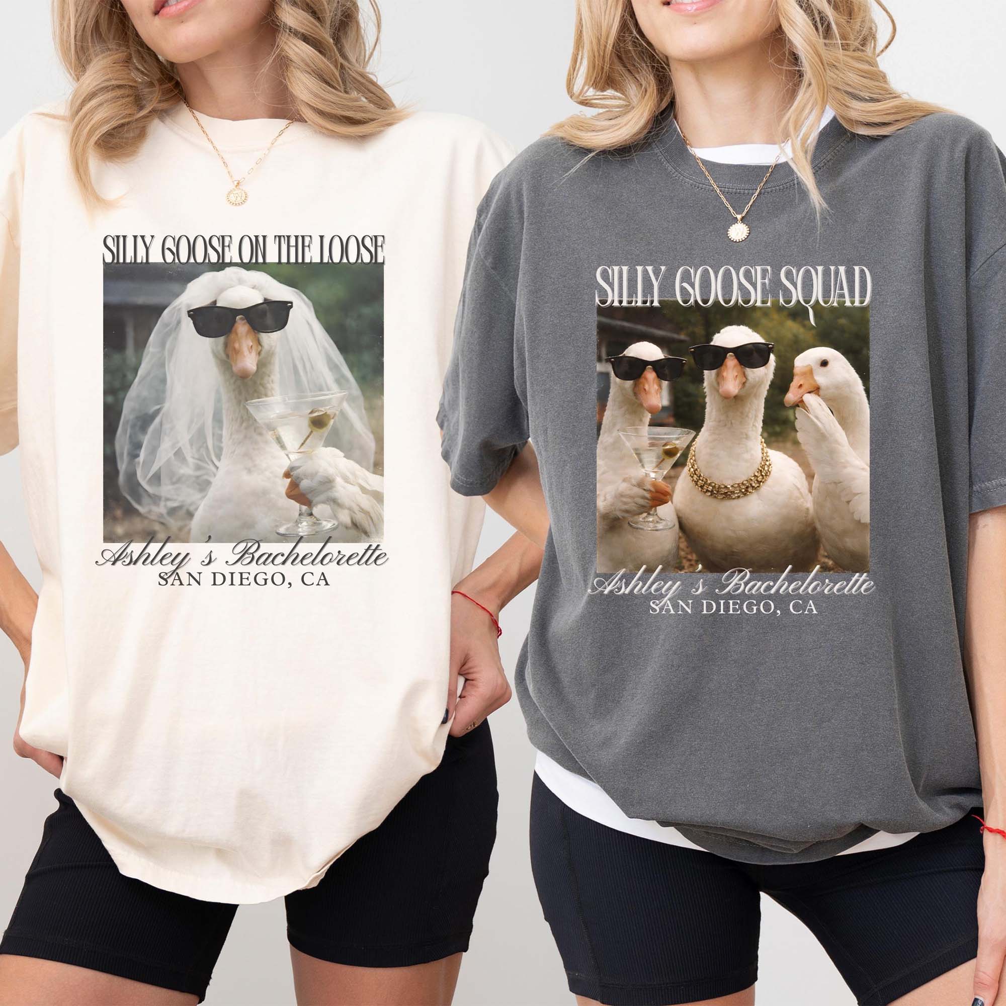Women's Personalized Cream Cotton Blend Oversized Round Neck Lady Tshirt Clothes - Funny Silly Goose on the Loose, Custom Goose Squad, Bridesmaid Bach Tee, Retro Coquette, Custom Location, Photo Matching Top 2