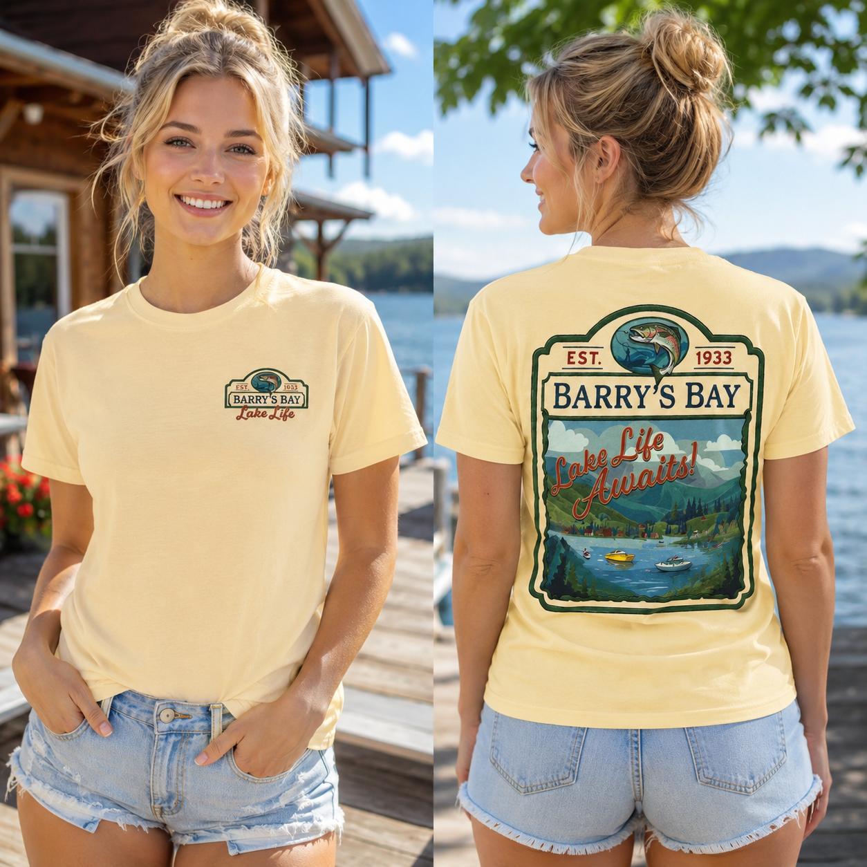 Vintage Barry's Bay Lake Life Awaits Graphic T-Shirt For Women Retro Outdoorsy Fishing Aesthetic Cotton Tee Preppy Summer Vacation Cabin Trip Granola Girl Casual Oversized Top Campcore Apparel