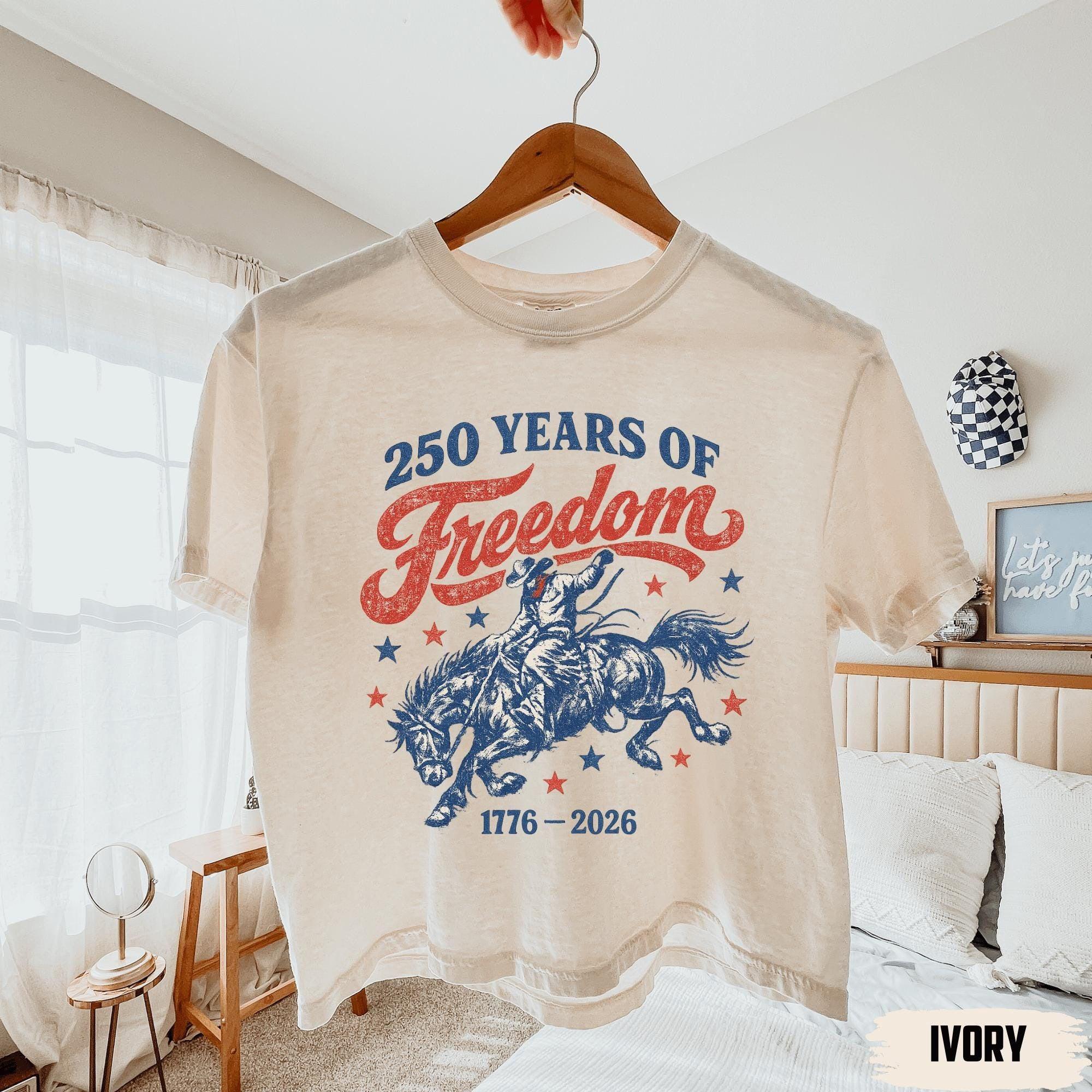 250 Years Of Freedom Cowboy Graphic Boxy Tee For Women Retro Western Cowgirl Aesthetic Ivory Cotton T-Shirt 1776-2026 4th Of July Patriotic Shirt Summer Festival Top Independence Day Country Music Gift 2