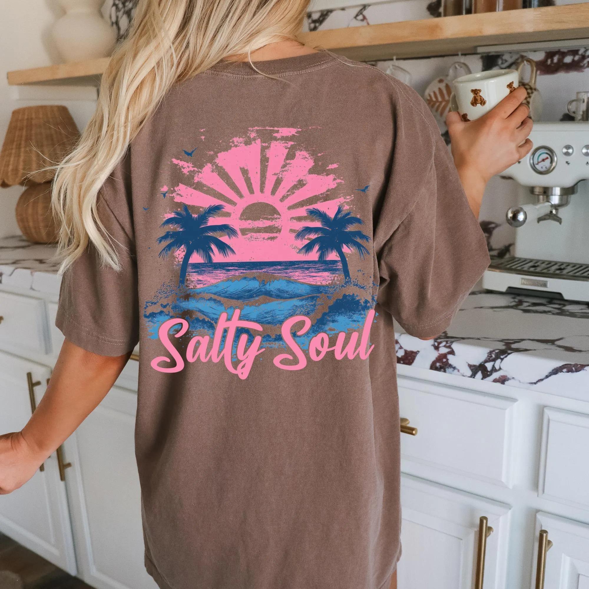 Salty Soul Coastal Tropical Sunset T-Shirt – Pink & Blue Wave Print Top, Aesthetic Surf Life Streetwear, Women’s Summer Essentials Tee 3