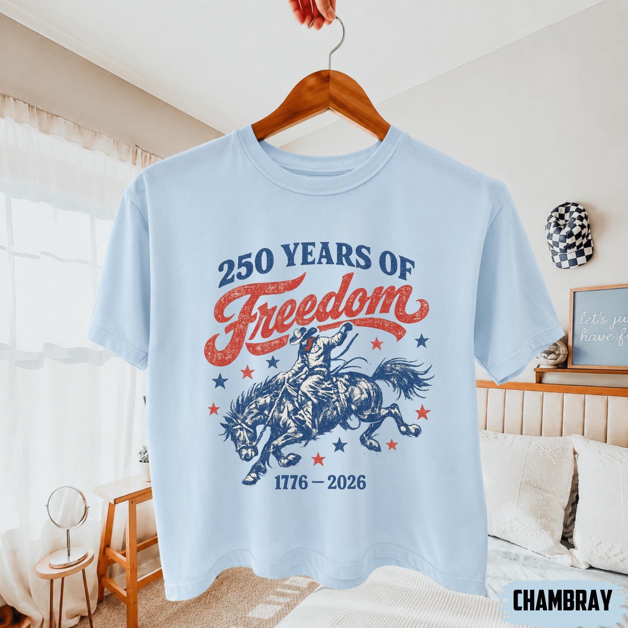 250 Years Of Freedom Cowboy Graphic Boxy Tee For Women Retro Western Cowgirl Aesthetic Ivory Cotton T-Shirt 1776-2026 4th Of July Patriotic Shirt Summer Festival Top Independence Day Country Music Gift 4