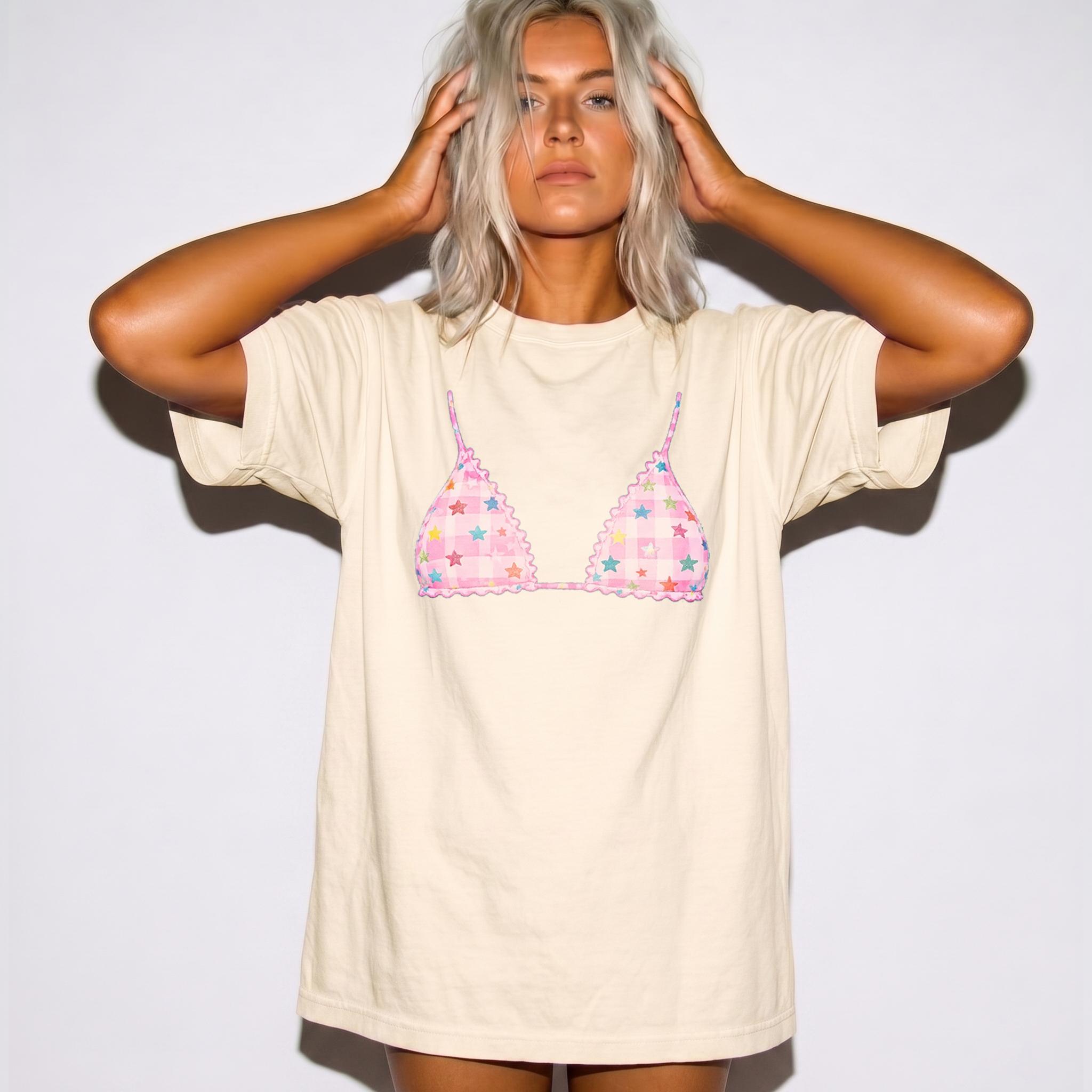 Pink Gingham Star Bikini Graphic Oversized T-Shirt Short Sleeve Tee For Women Preppy Y2K Coastal Beach Aesthetic Pastel Yellow Cotton Summer T-Shirt Beach Outfit Cute Vacation Top Trendy Swim Cover Up Casual 2