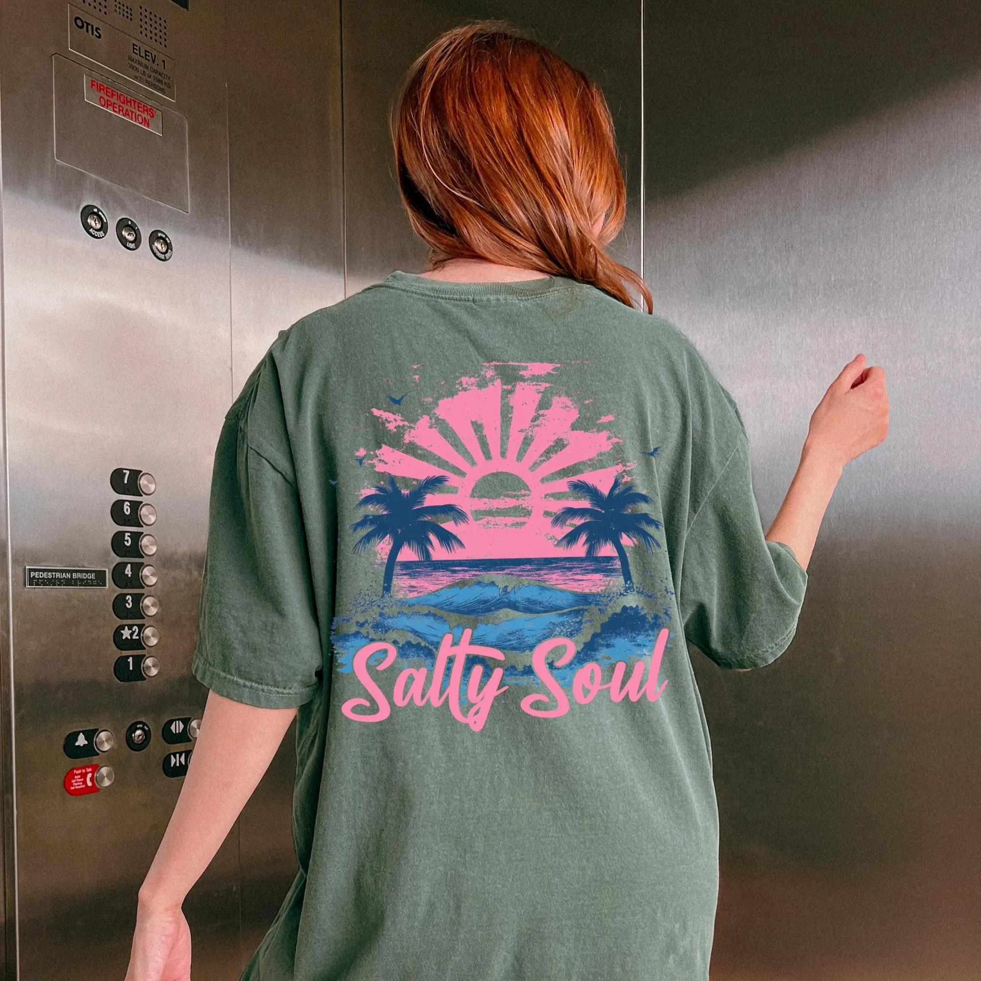 Salty Soul Coastal Tropical Sunset T-Shirt – Pink & Blue Wave Print Top, Aesthetic Surf Life Streetwear, Women’s Summer Essentials Tee 4