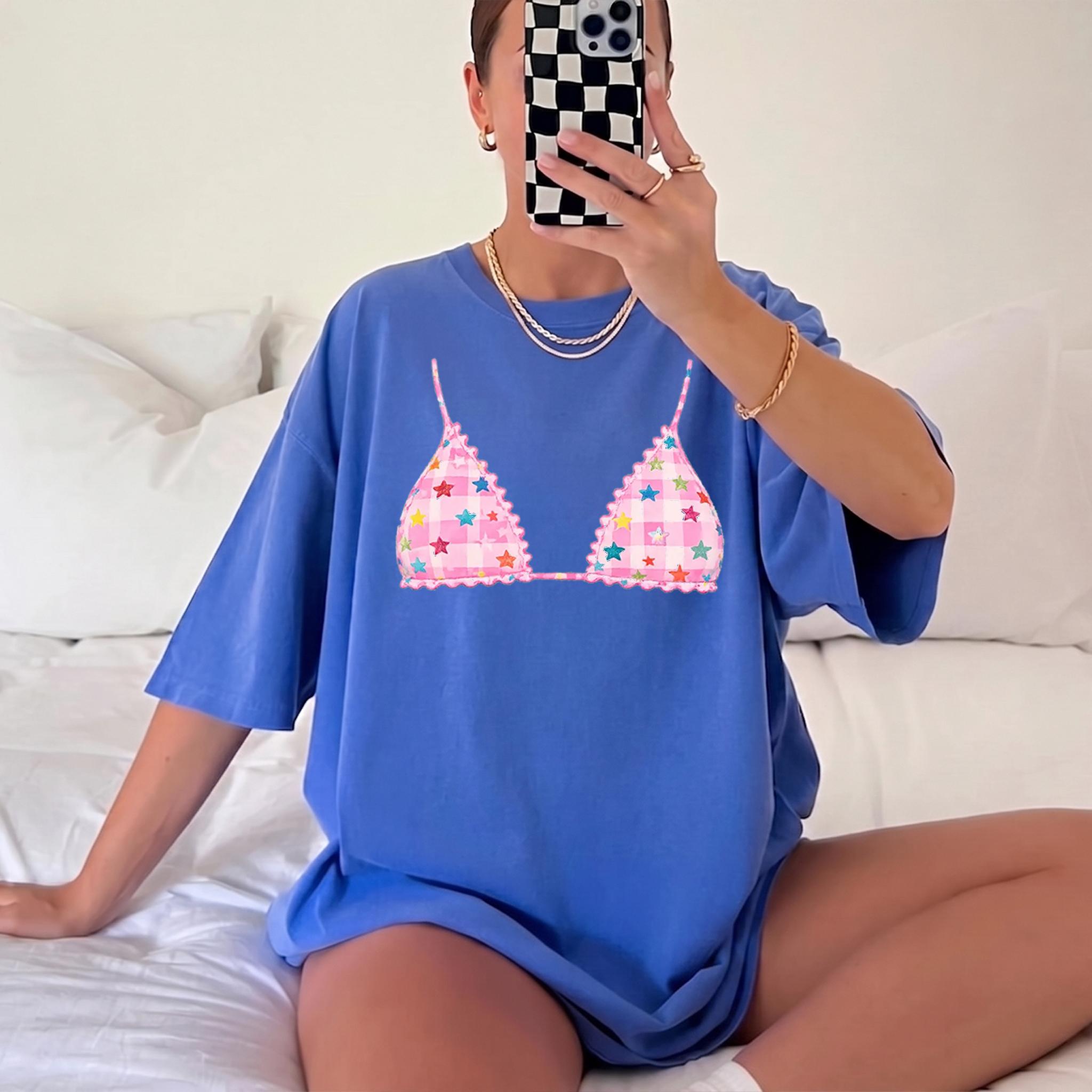 Pink Gingham Star Bikini Graphic Oversized T-Shirt Short Sleeve Tee For Women Preppy Y2K Coastal Beach Aesthetic Pastel Yellow Cotton Summer T-Shirt Beach Outfit Cute Vacation Top Trendy Swim Cover Up Casual 4