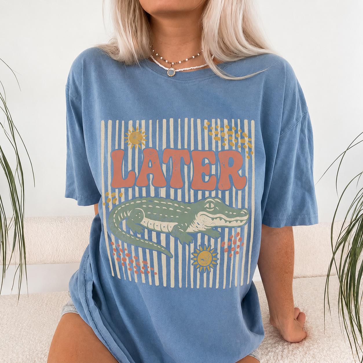 Later Gator Vintage Graphic Print Oversized T-Shirt For Women And Teens Retro Aesthetic Southern Preppy Casual Wear Cream Off White Soft Cotton Blend Crocodile Animal Print Top Fun Novelty Summer Shirt Distressed Y2K Clothing 4